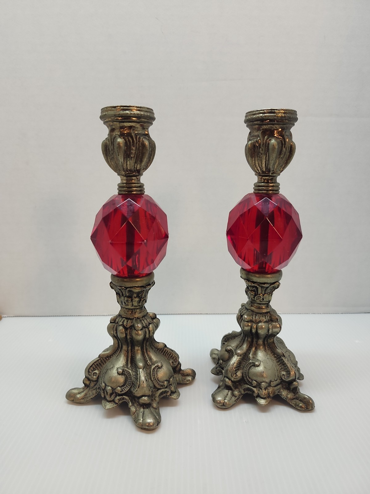 Vintage Red Faux Gems and Metal Tall Pair of Candle Holders Hollywood Regency Vintage Red Faux Gems and Metal Tall Pair of Candle Holders Hollywood Regency
