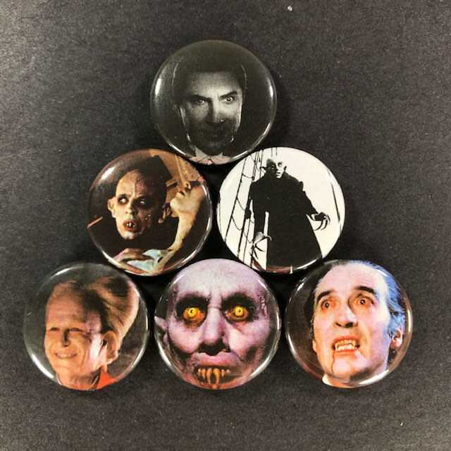 Dracula 1" Button (6 pin) Set Faces Vampire Nosferatu Christopher Lee Lugosi