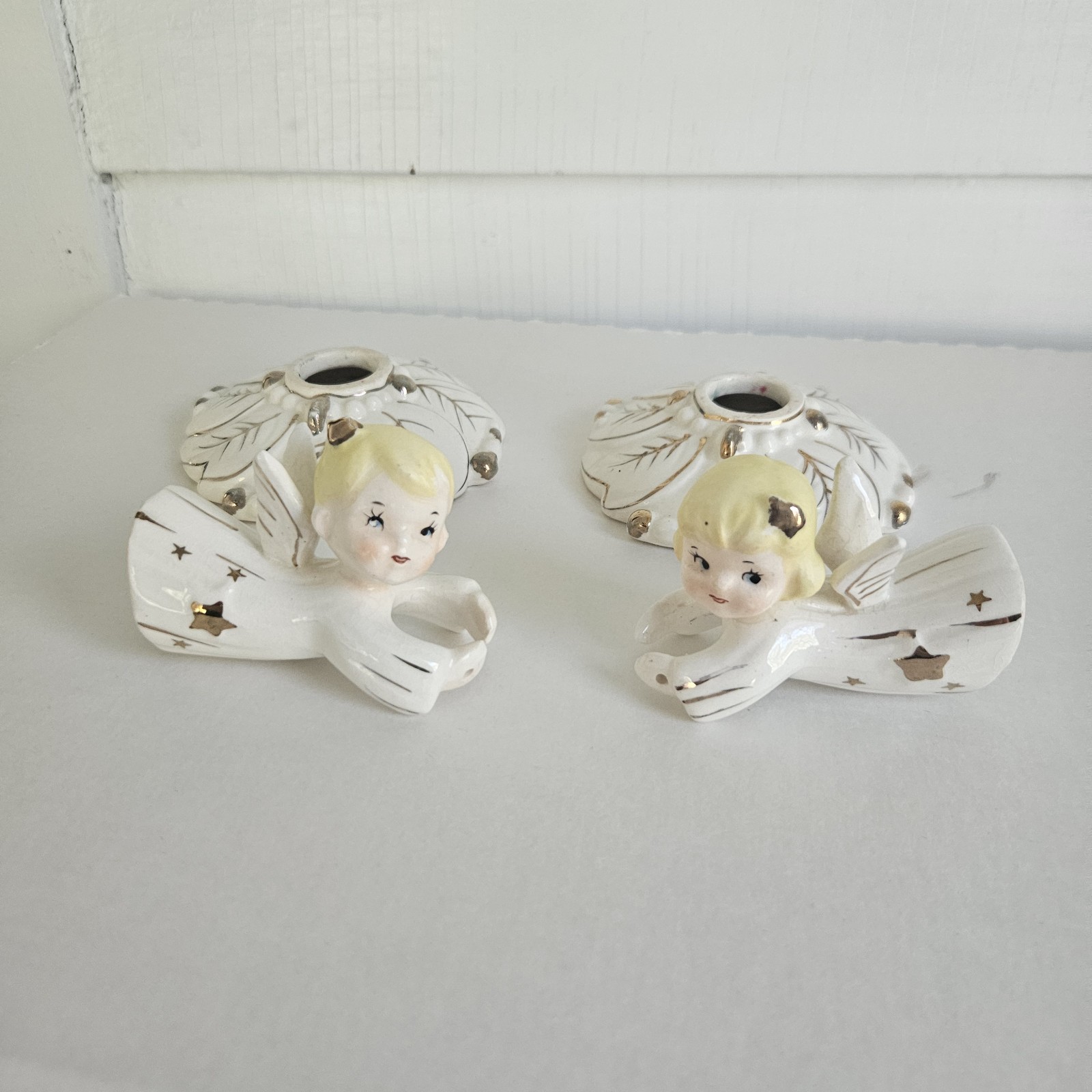 Vtg Mid Century Angel Candle Huggers Climbers Holders Japan MCM Gold Trimmed