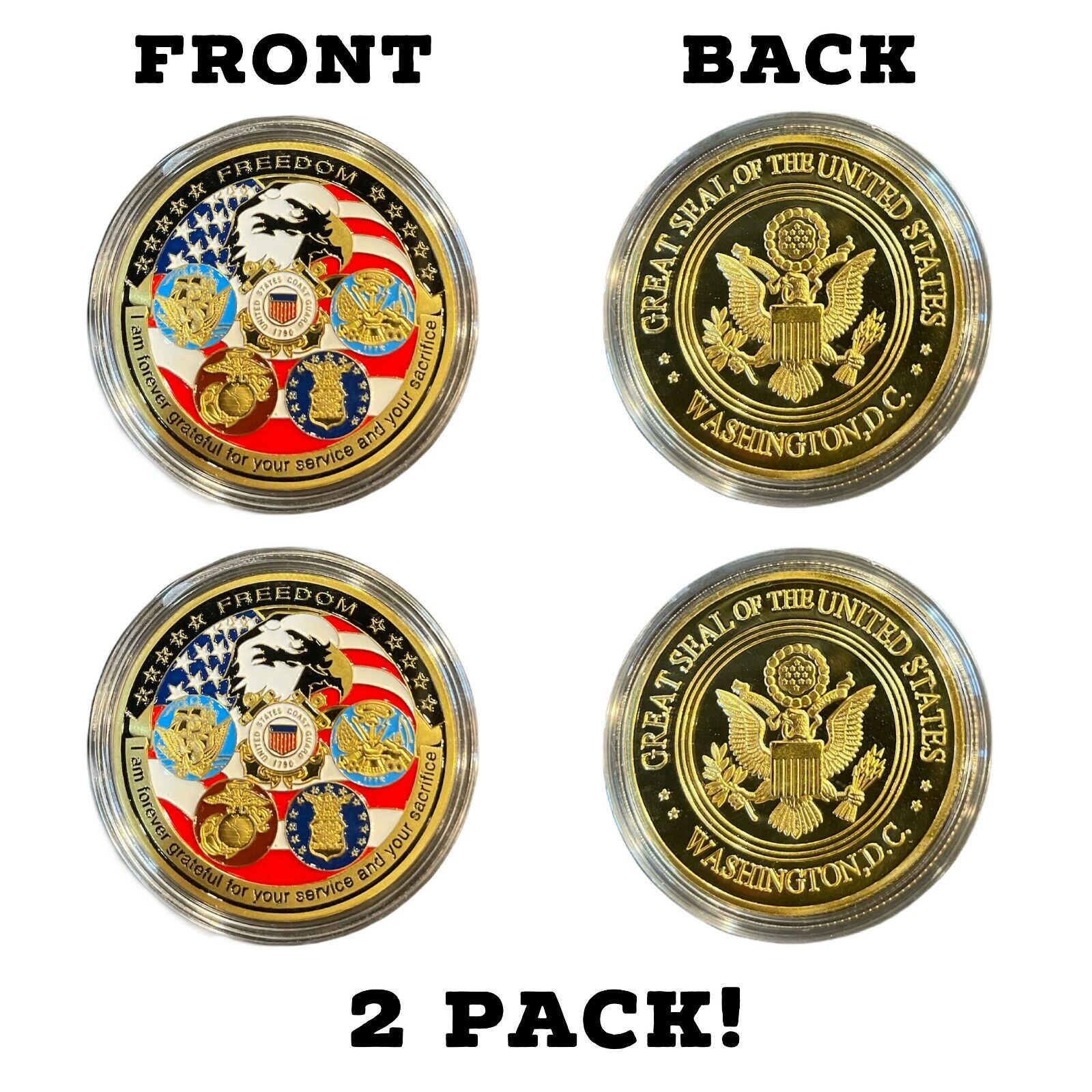 2 Pack Military Challenge Coin USA United States Army Navy USMC Coast Guard 