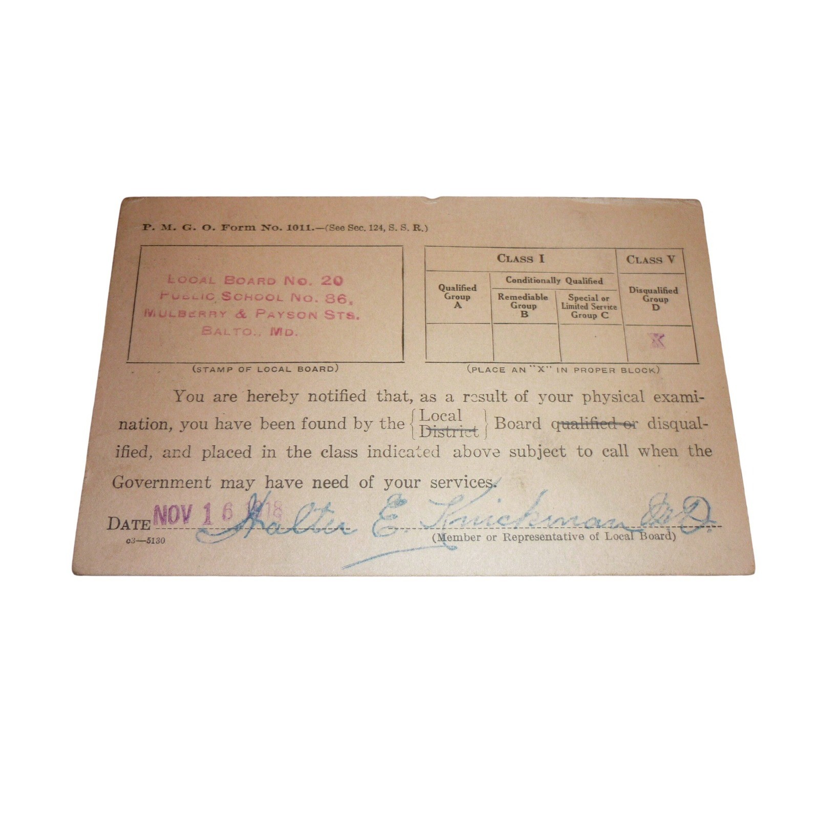 Vintage 1918 WWI War Dept Draft Notification Card Baltimore MD Local Board 20 Vintage 1918 WWI War Dept Draft Notification Card Baltimore MD Local Board 20