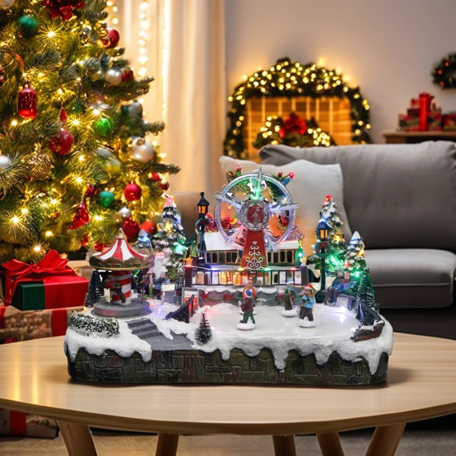 Christmas Village Led Lights Moving Skaters, Carousel And Ferris Wheel Functio Christmas Village Led Lights Moving Skaters, Carousel And Ferris Wheel Functio