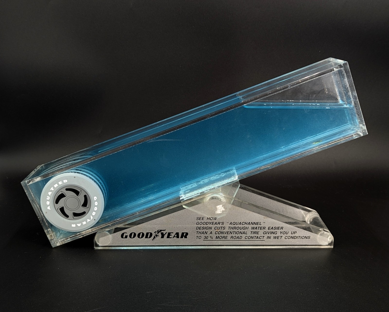 Rare Vintage 1970s Goodyear "Aquachannel" Counter-Top Plexiglass Store Display Rare Vintage 1970s Goodyear "Aquachannel" Counter-Top Plexiglass Store Display
