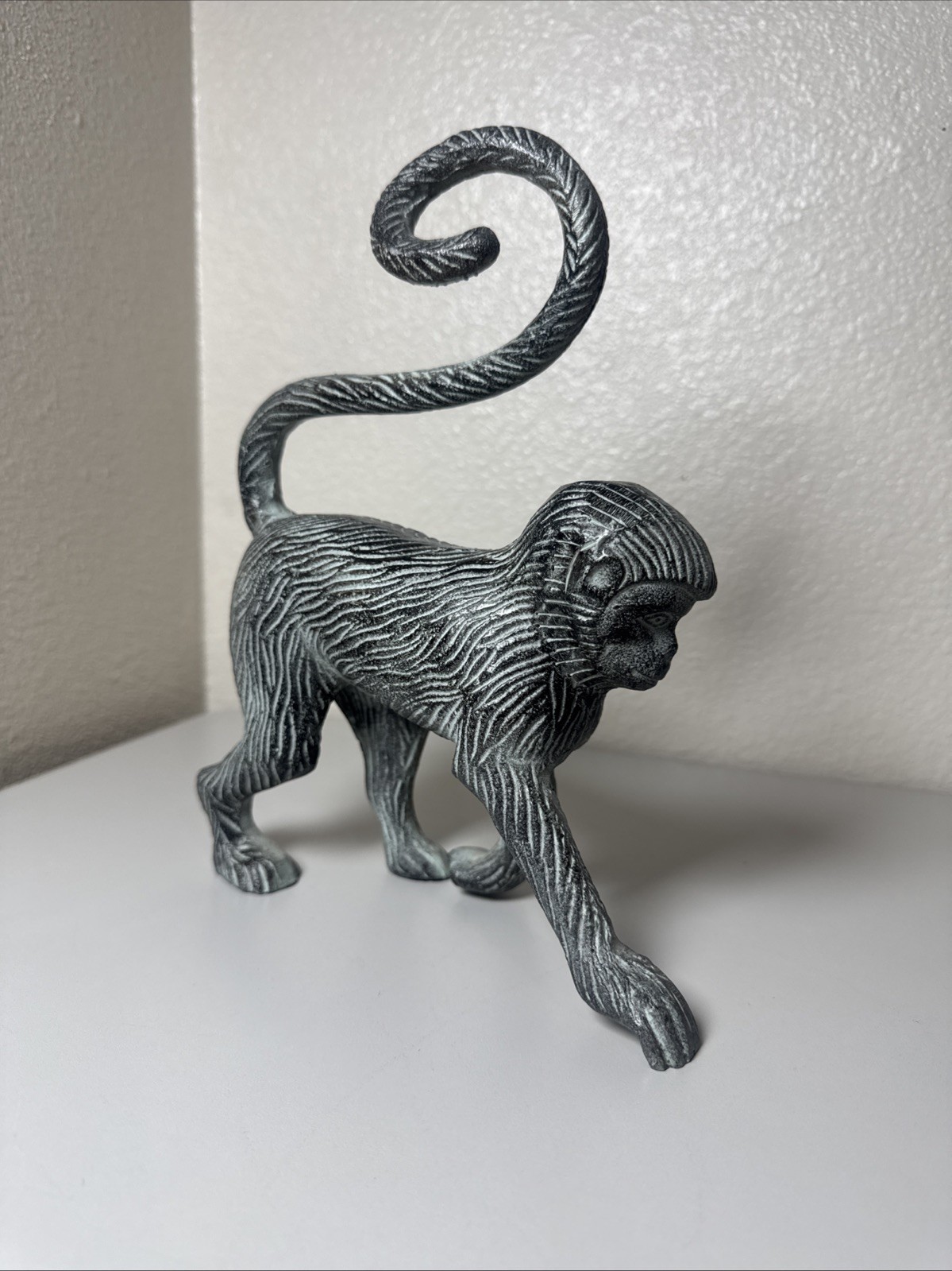 Vintage Metal Monkey Curling Tail Figure Statue Vertical Black & White