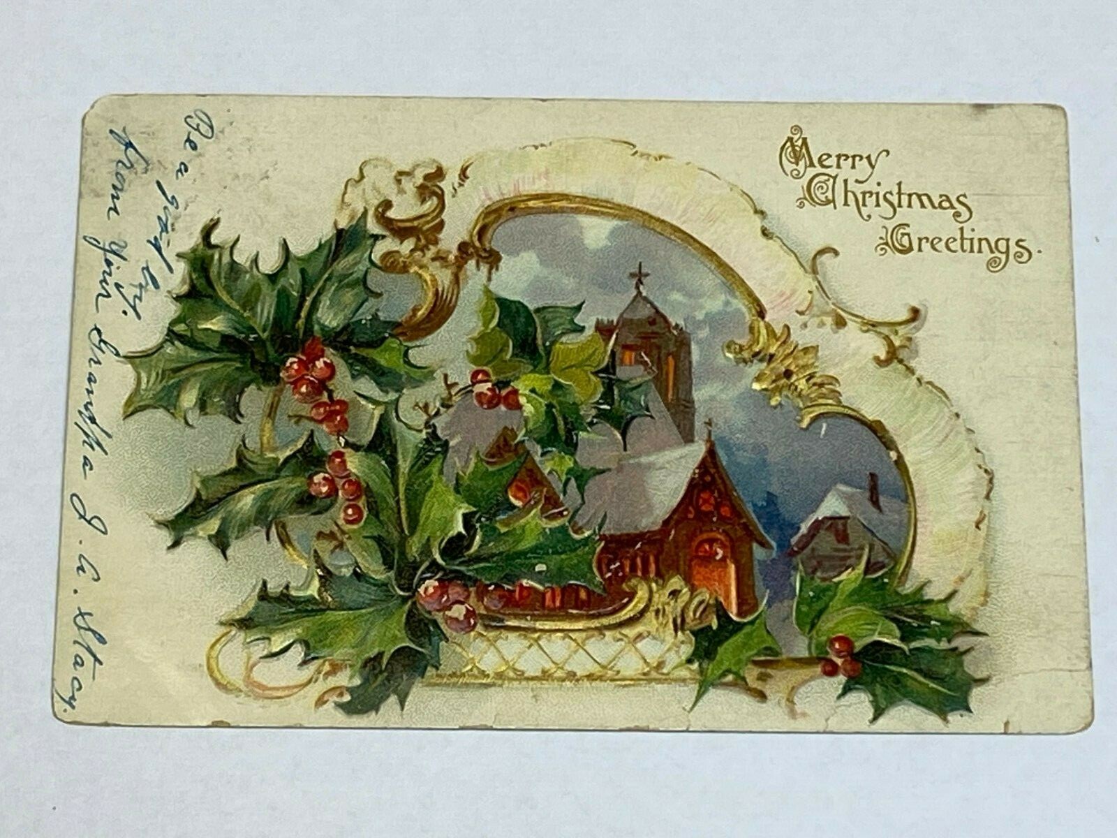 Raphael Tuck Sons Holly Antique Christmas Postcard Vintage Holiday 1906 Church 