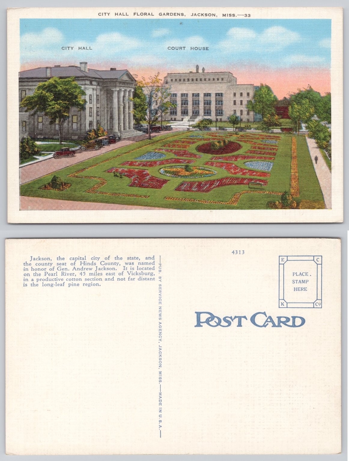 Jackson MS City Hall Floral Gardens Court House Linen Postcard 1930s-40s Jackson MS City Hall Floral Gardens Court House Linen Postcard 1930s-40s