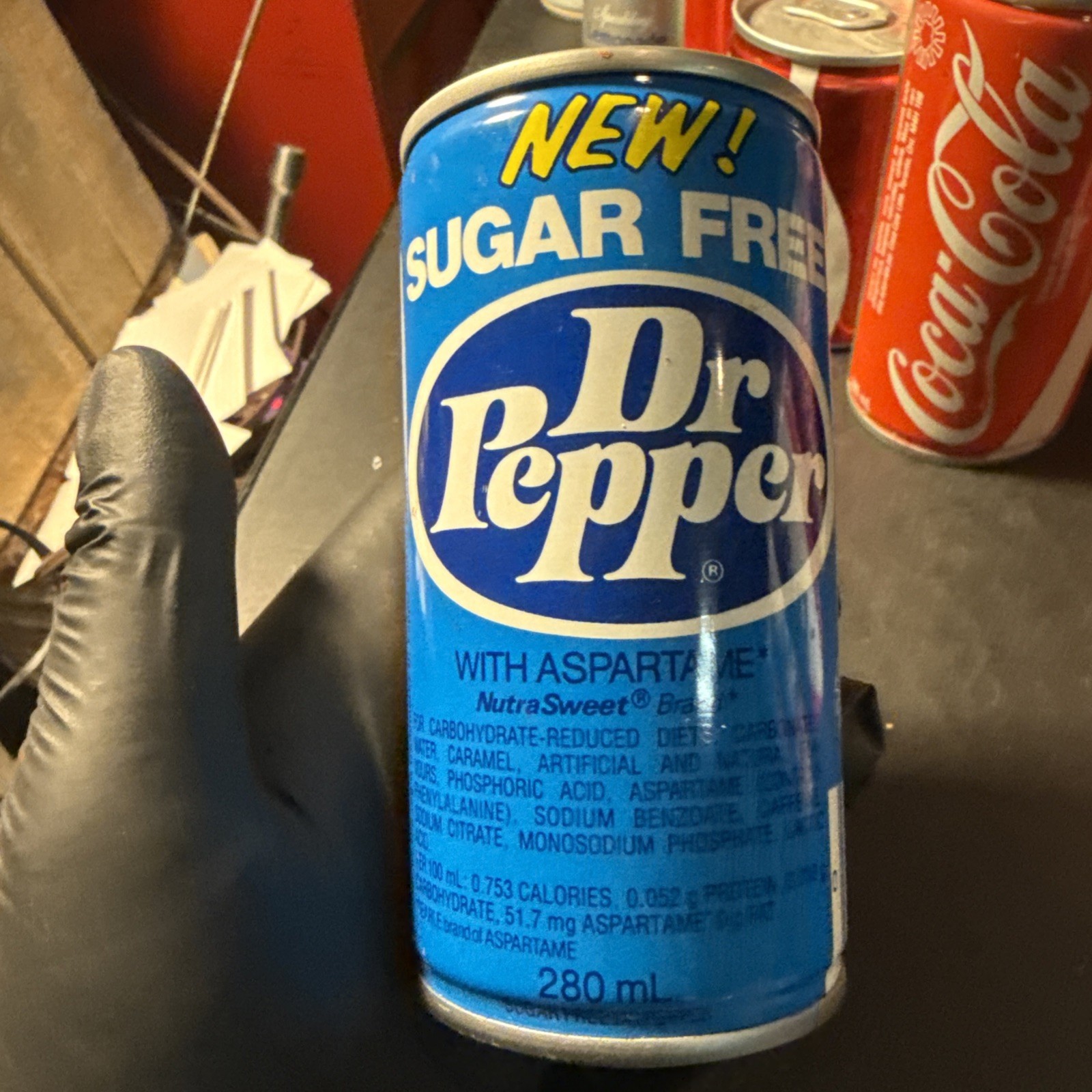 Rare Vtg Dr. Pepper New Sugar Free Blue & Yellow Wide Seam Soda Can Aspartame