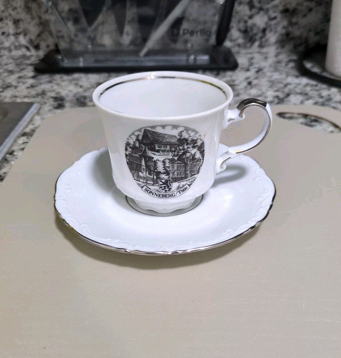 Antique German Porcelain Cup Saucer Sonneberg Thuringia Souvenir China Gold Vtg Antique German Porcelain Cup Saucer Sonneberg Thuringia Souvenir China Gold Vtg