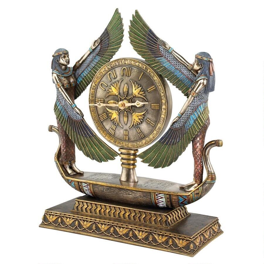 1920s Egyptian Revival Goddess Isis on Barge Sculptural Mantel Clock