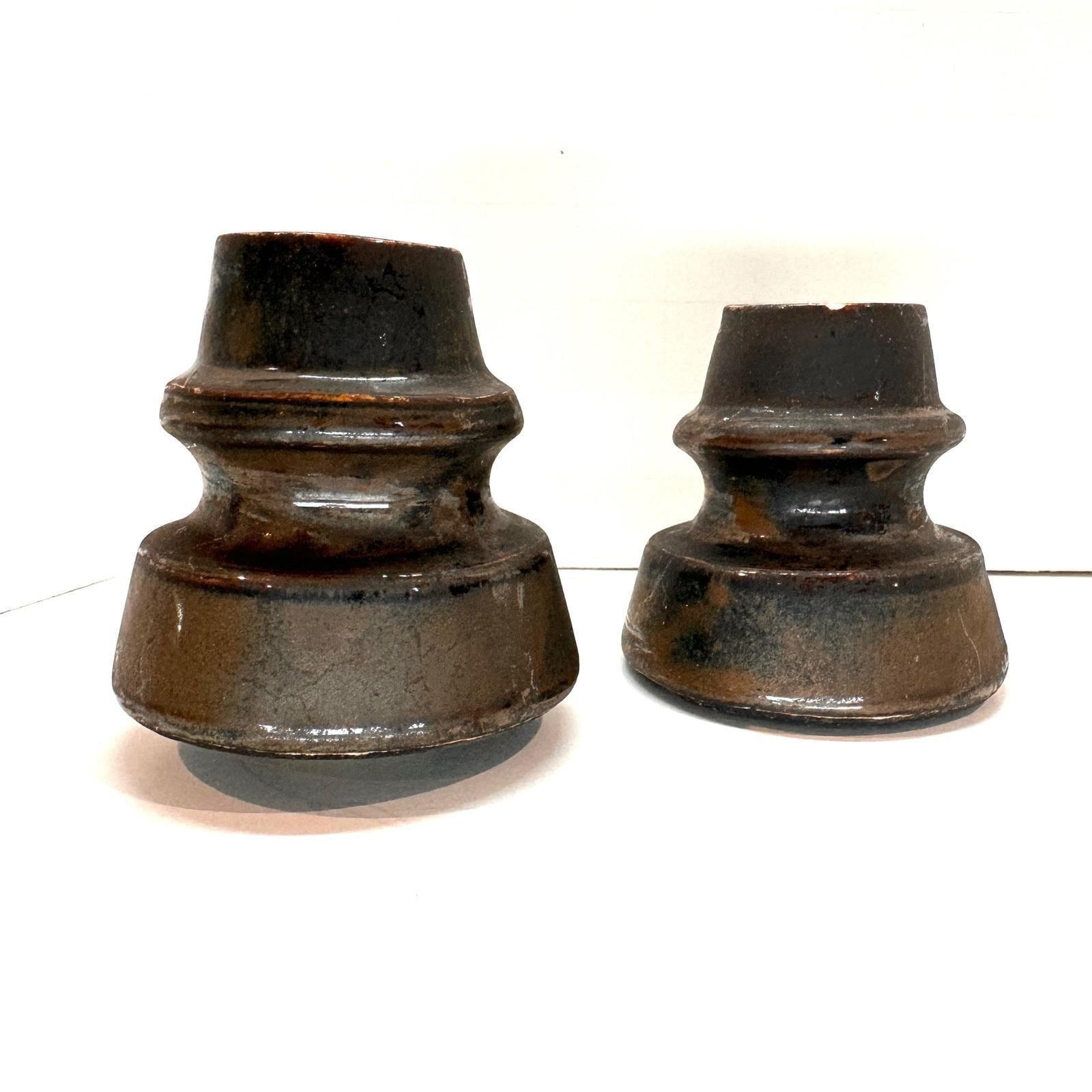 Vintage Brown Glazed Ceramic Telegraph Insulators Pair Rustic Industrial Decor Vintage Brown Glazed Ceramic Telegraph Insulators Pair Rustic Industrial Decor