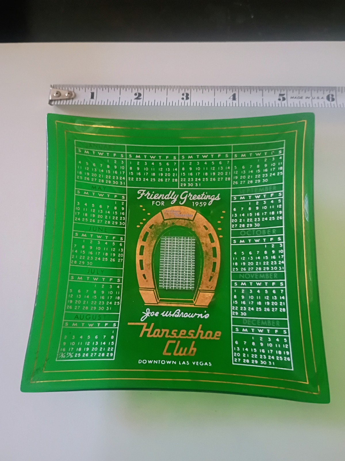 Vtg Binion's Joe Brown's 1959 Horseshoe Club Las Vegas Casino Calendar Ashtray Vtg Binion's Joe Brown's 1959 Horseshoe Club Las Vegas Casino Calendar Ashtray