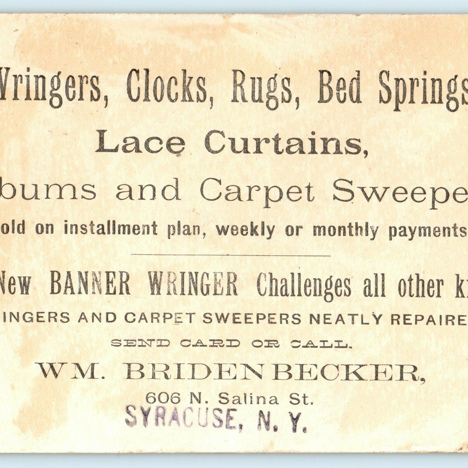 Vtg WM Briden Becker Syracuse NY Victorian Trade Card Banner Wringer Moon Sunset Vtg WM Briden Becker Syracuse NY Victorian Trade Card Banner Wringer Moon Sunset