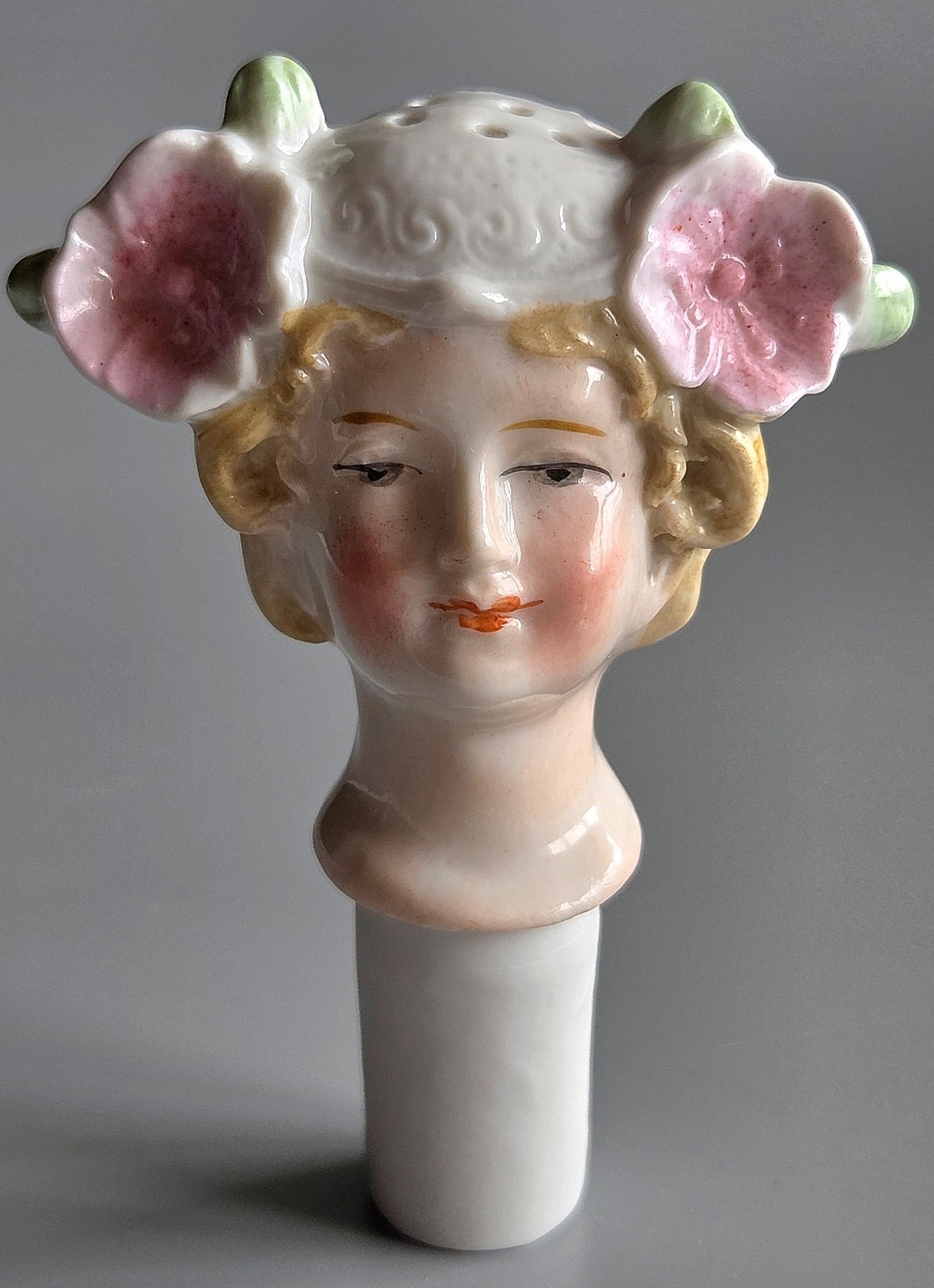 Antique Porcelain Shaker Top Figural Lady Head Flowers 19th Century German Antique Porcelain Shaker Top Figural Lady Head Flowers 19th Century German