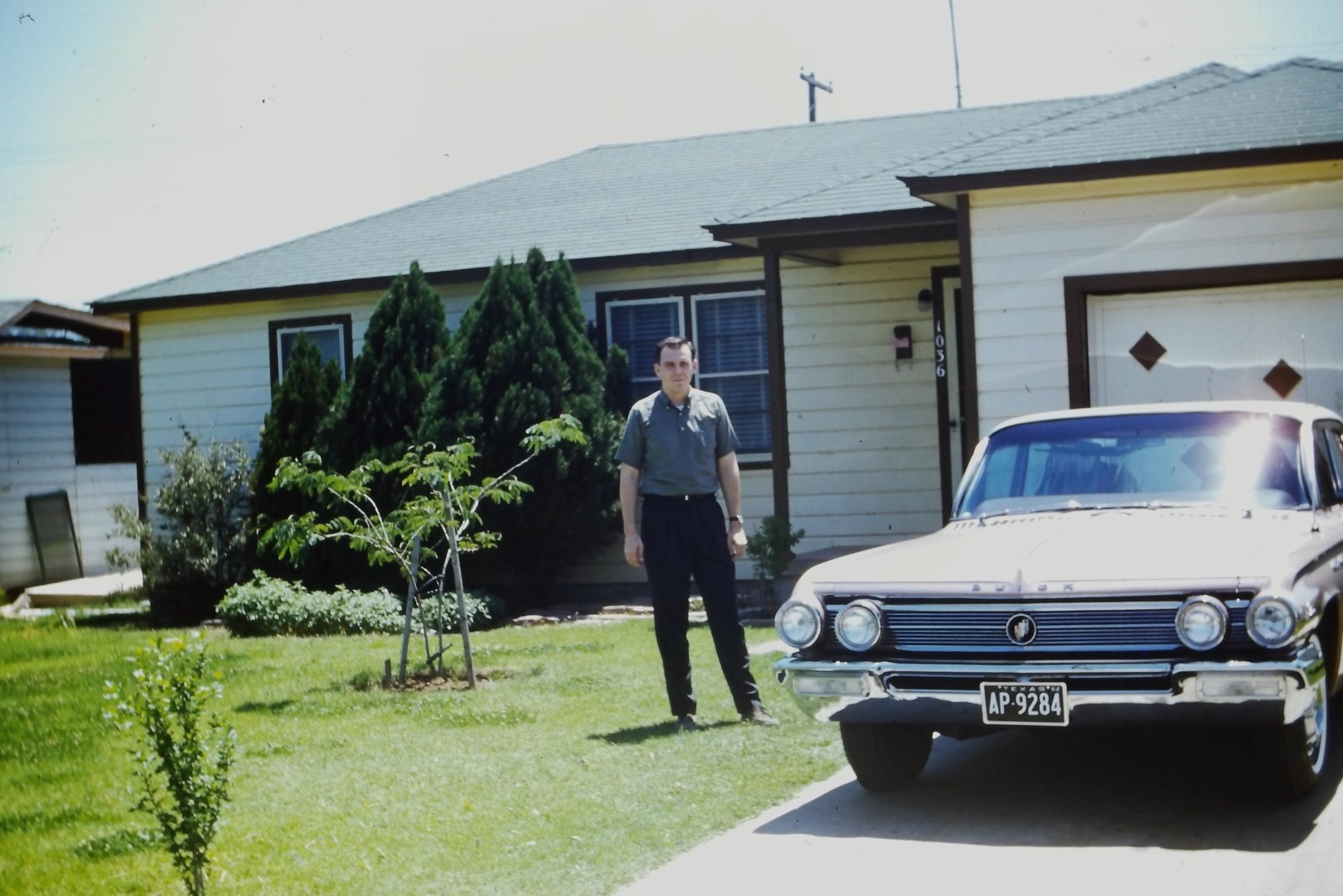 1961 35mm Slide, Man Buick LeSabre Suburban Home Driveway American House