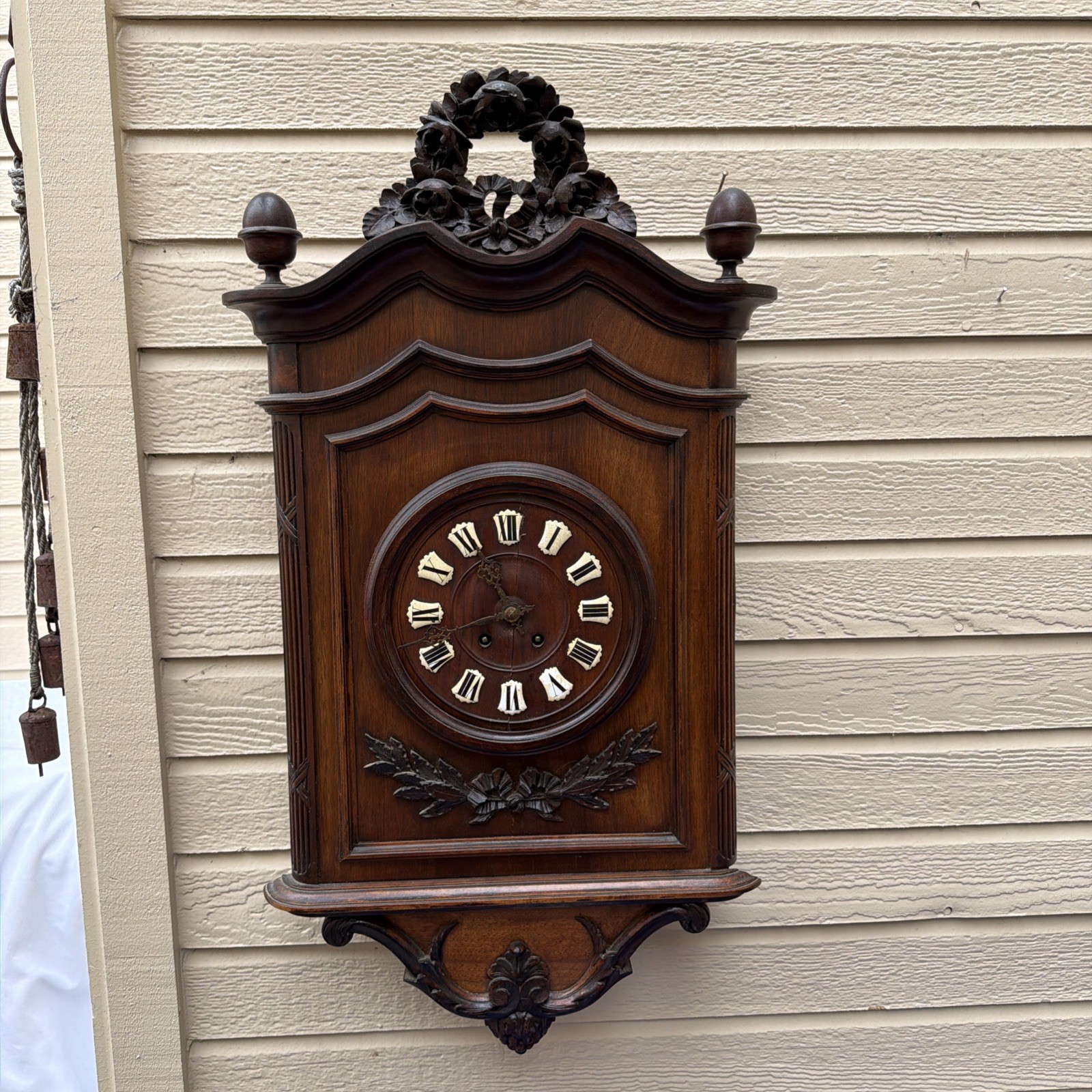 Antique XIX German black forest Wood carved wall clock Porcelain Numbers Antique XIX German black forest Wood carved wall clock Porcelain Numbers