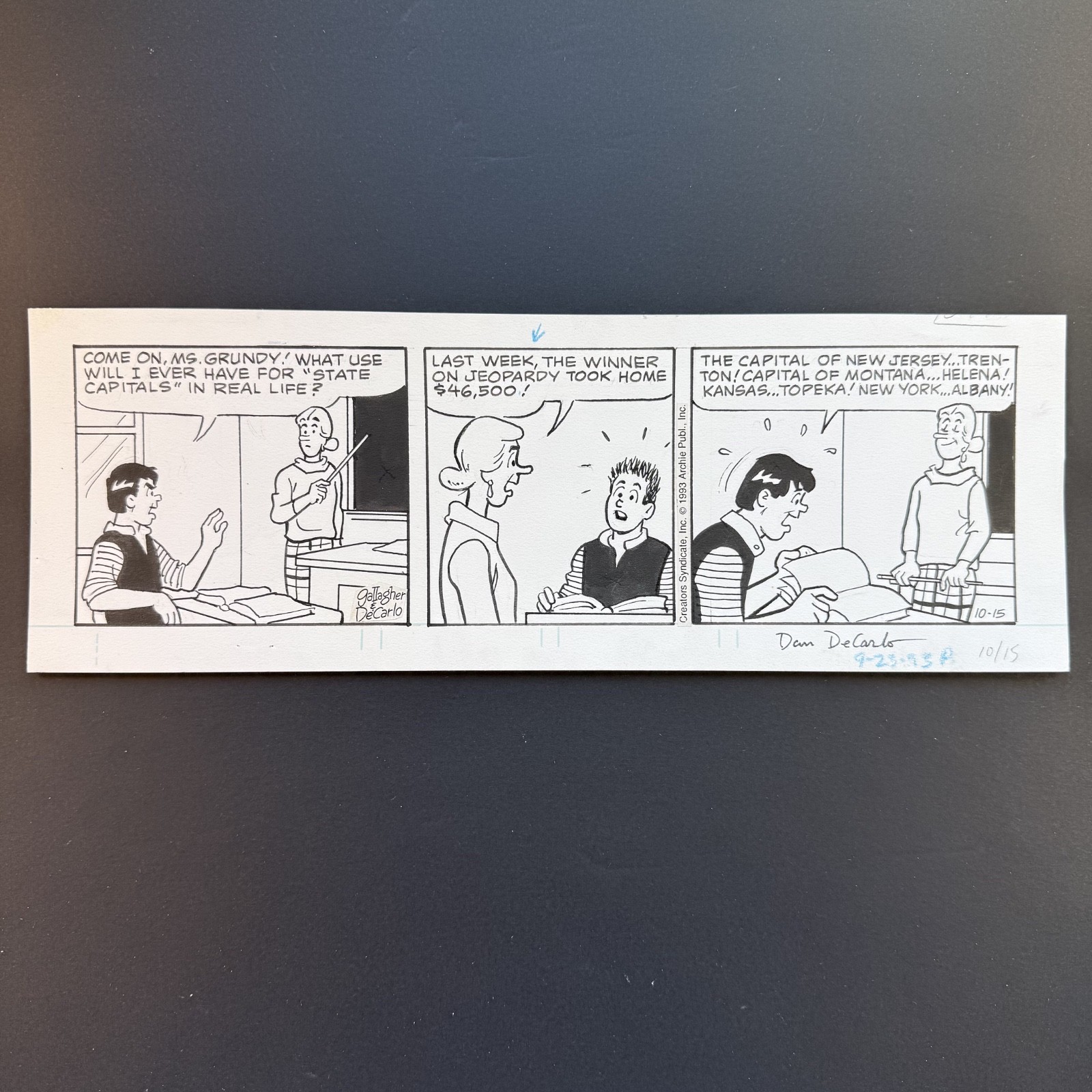 Archie Original Comic Art JEOPARDY Signed Dan DeCarlo Riverdale High 1993 Strip Archie Original Comic Art JEOPARDY Signed Dan DeCarlo Riverdale High 1993 Strip