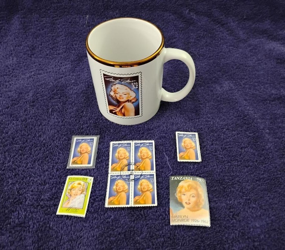 MARILYN MONROE Vintage Ceramic Coffee Mug with Stamp Plus 8 more MM Stamps 1995 MARILYN MONROE Vintage Ceramic Coffee Mug with Stamp Plus 8 more MM Stamps 1995