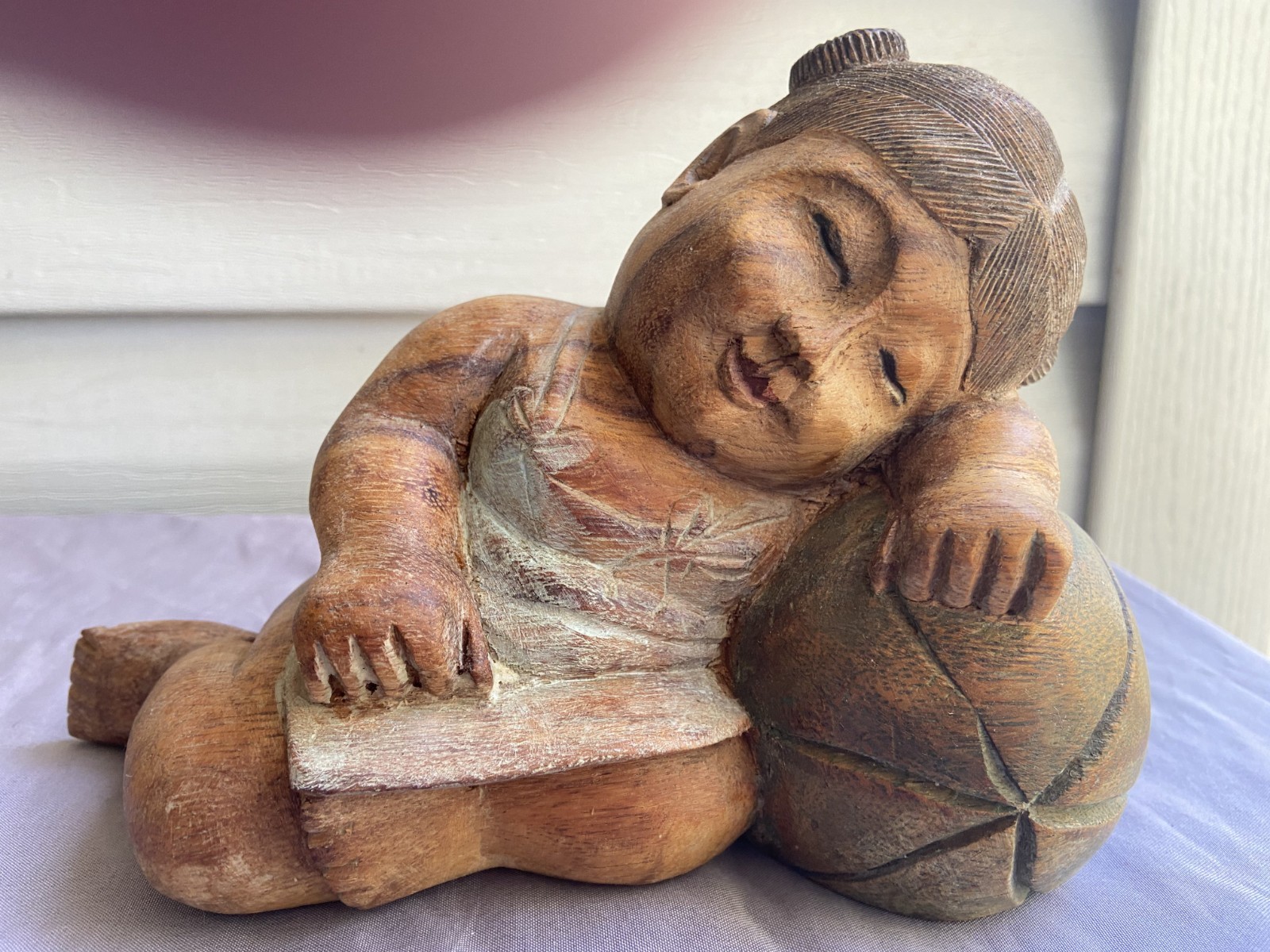 Vintage Hand Carved Asian Girl Sleeping on Watermelon Vintage Hand Carved Asian Girl Sleeping on Watermelon