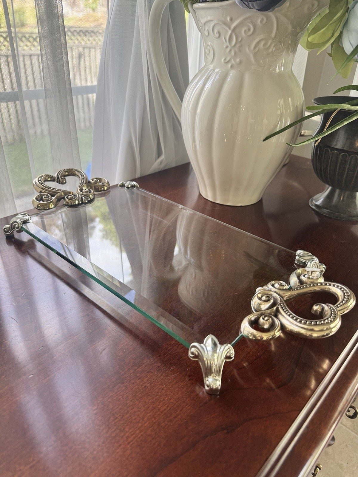 NWT Vintage Brighton Marie Antoinette Silver Ornate Glass Vanity Tray Home Decor NWT Vintage Brighton Marie Antoinette Silver Ornate Glass Vanity Tray Home Decor