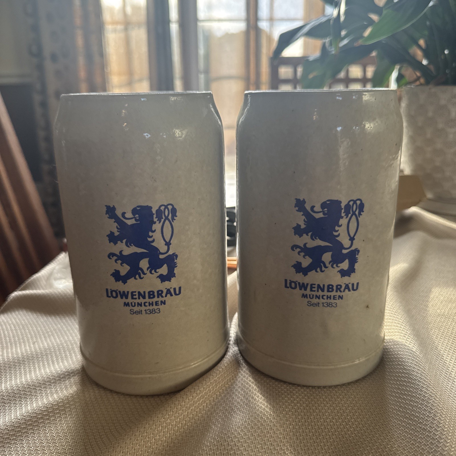Two Lowenbrau Beer Steins Salt Glaze Stoneware Mug 0.5 Liters Made in Germany Two Lowenbrau Beer Steins Salt Glaze Stoneware Mug 0.5 Liters Made in Germany