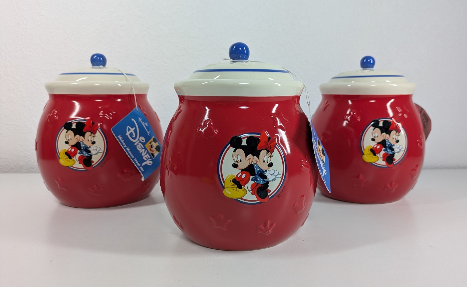 3 Hallmark Disney Mickey Minnie Mouse 2004 Promo Ceramic Cookie Jars NEW Tags