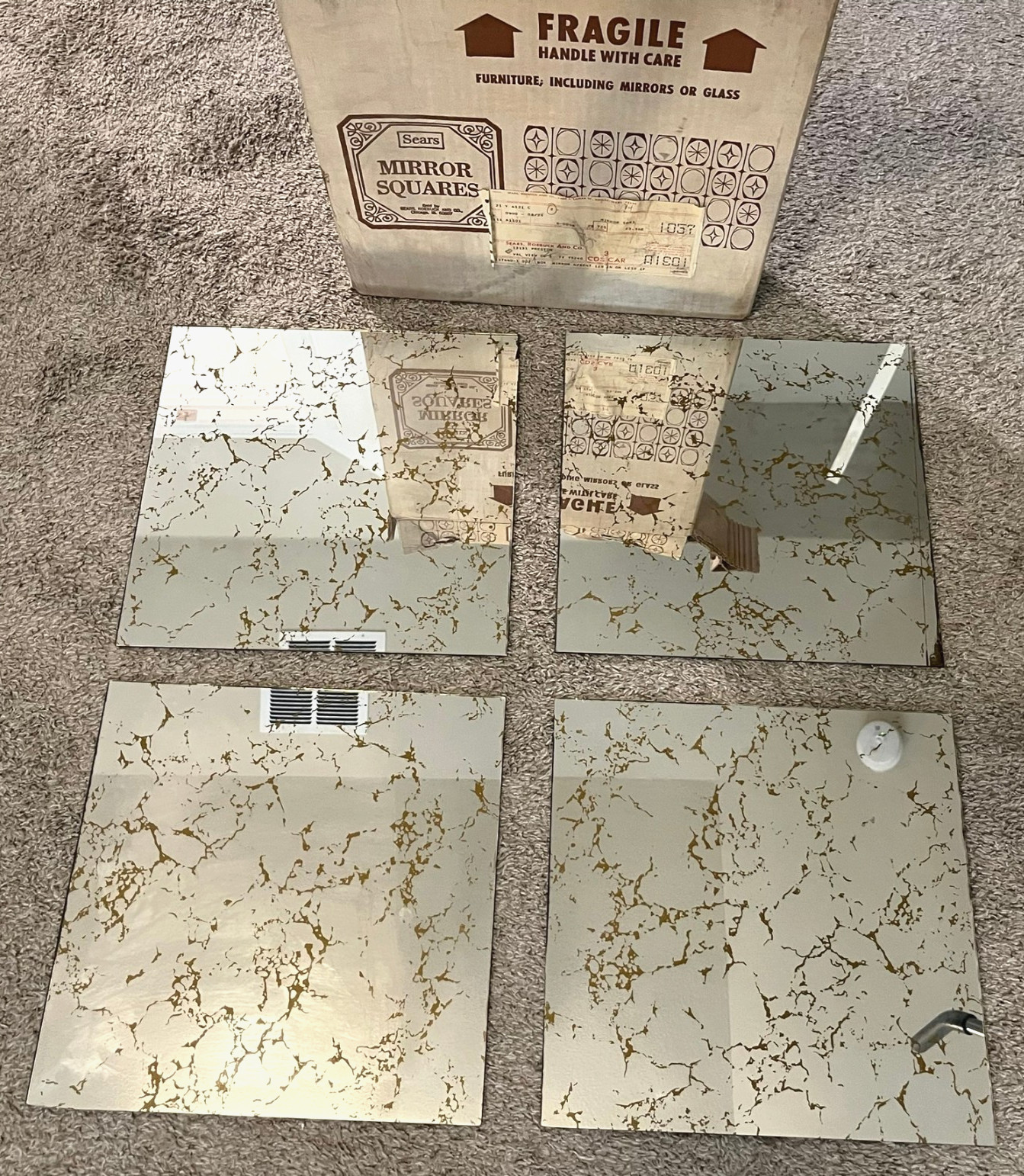 (4) Vintage SEARS 1970s MCM Mirror Tiles Gold Vein Glass - Hanging Decor 12"×12" (4) Vintage SEARS 1970s MCM Mirror Tiles Gold Vein Glass - Hanging Decor 12"×12"