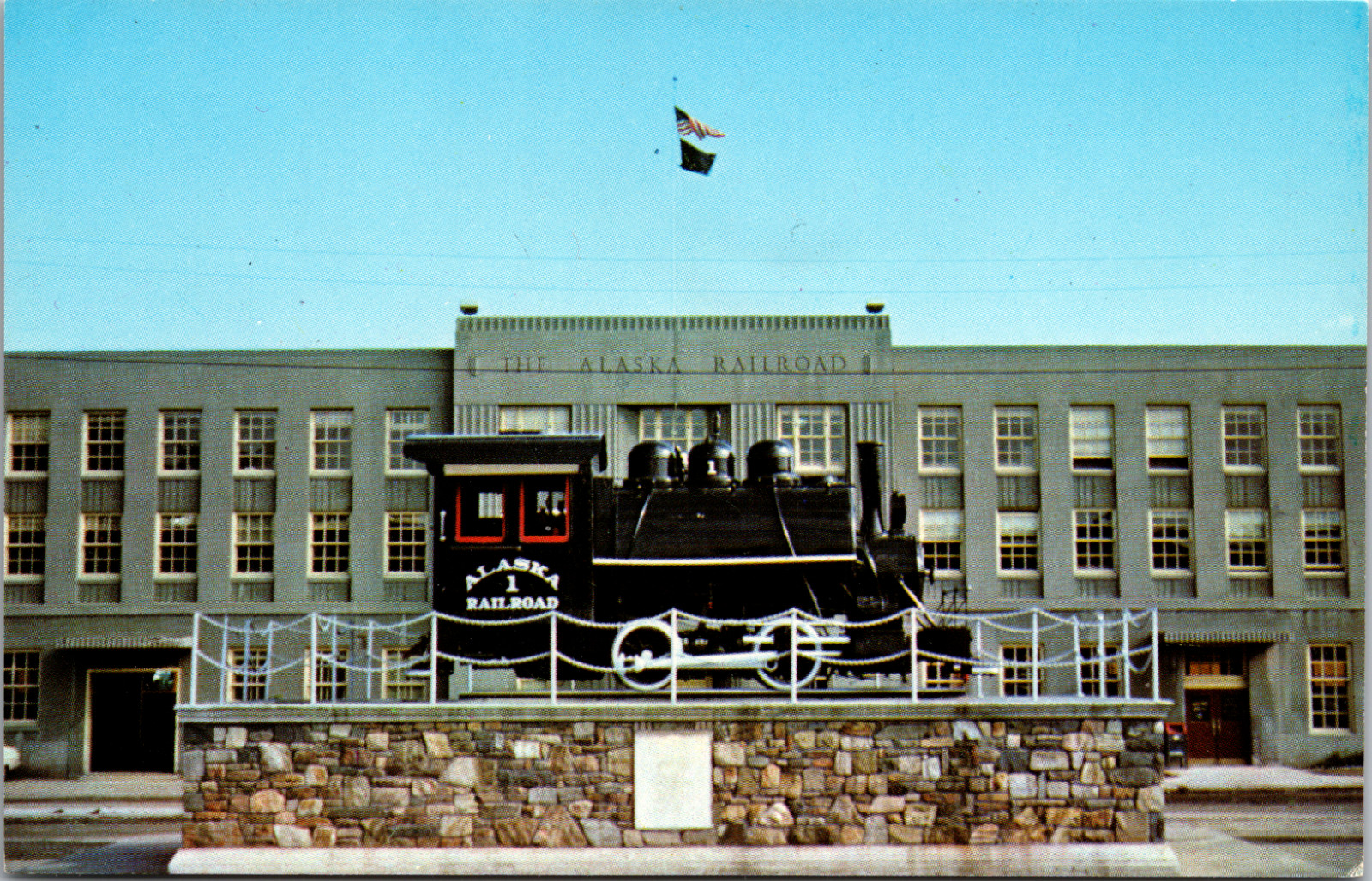 Postcard The Alaska Railroad General Office Building and Train Monument