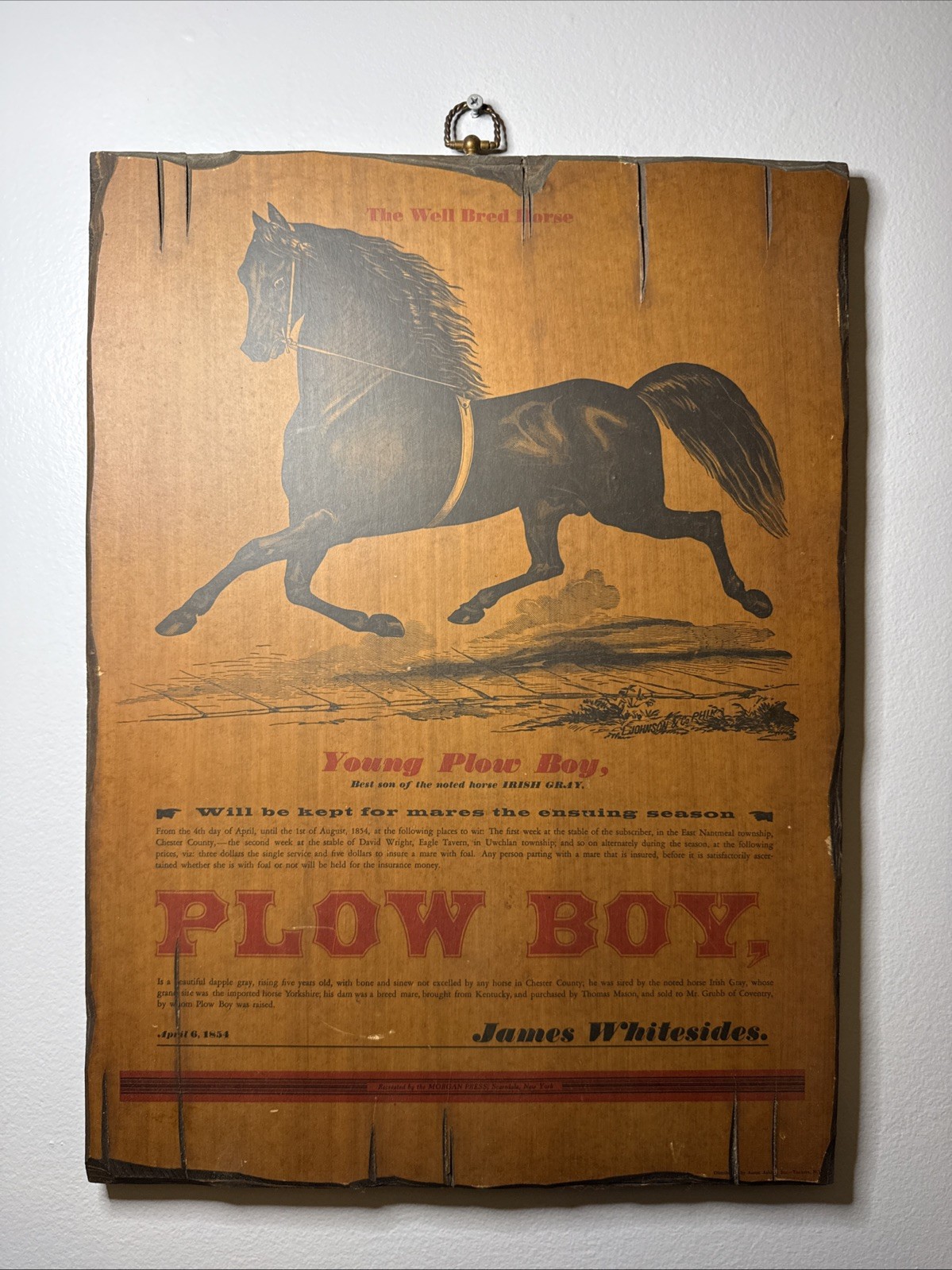 VTG 1854 Young Plow Boy Horse Breeding Ad Wood Wall Hanging Equestrian 20.5”x15” VTG 1854 Young Plow Boy Horse Breeding Ad Wood Wall Hanging Equestrian 20.5”x15”