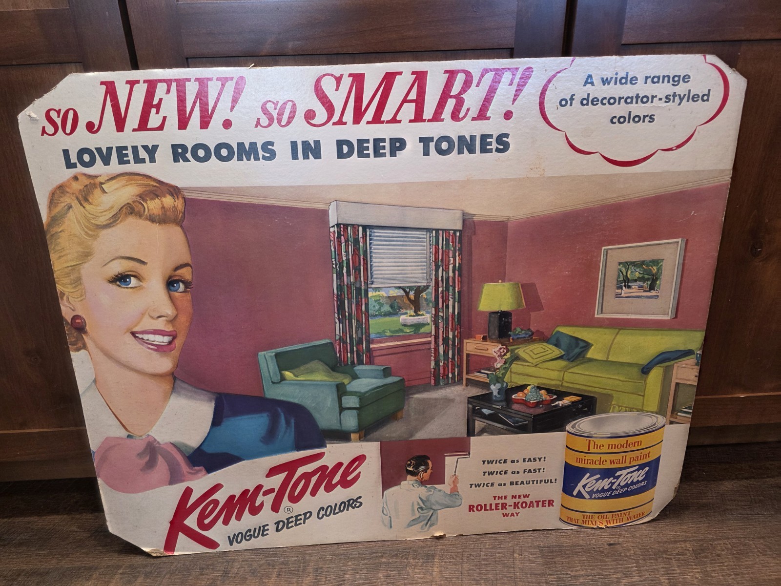 Vintage 1940s Kem-Tone Paint Sign Double Sided Cardboard Store Display. Vintage 1940s Kem-Tone Paint Sign Double Sided Cardboard Store Display.