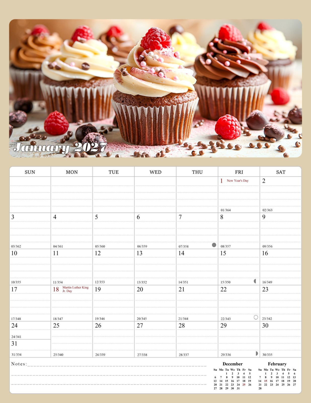 2027 Calendar Magnetic Peel & Stick 12 Months 8.5" x 11" Cupcakes 2027 Calendar Magnetic Peel & Stick 12 Months 8.5" x 11" Cupcakes