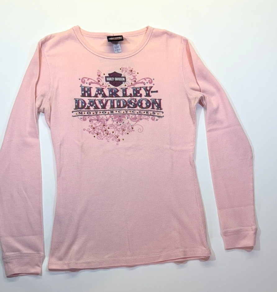 Pink Harley Davidson Women's Long Sleeve Thermal Shirt With Rhinestones Size (L) Pink Harley Davidson Women's Long Sleeve Thermal Shirt With Rhinestones Size (L)