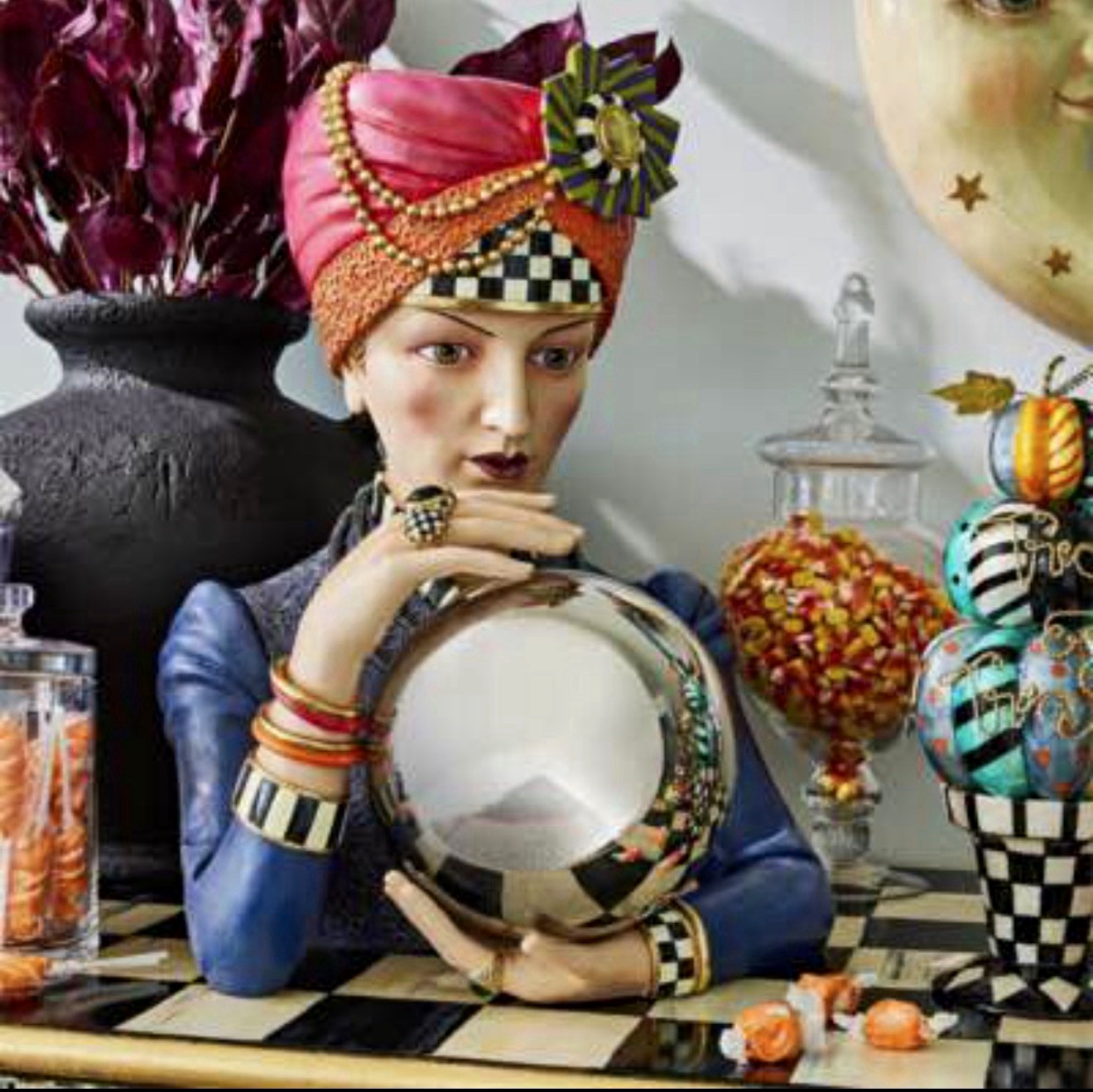 MACKENZIE-CHILDS FORTUNE TELLER WITH MIRRORED BALL FIGURINE -No Box hard to find