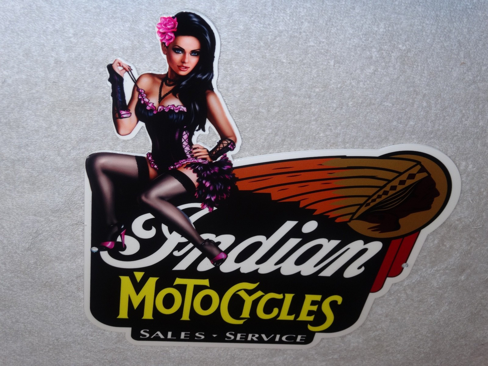VINTAGE INDIAN MOTORCYCLE SALES & SERVICE +WOMAN 👩  12" METAL GASOLINE OIL SIGN