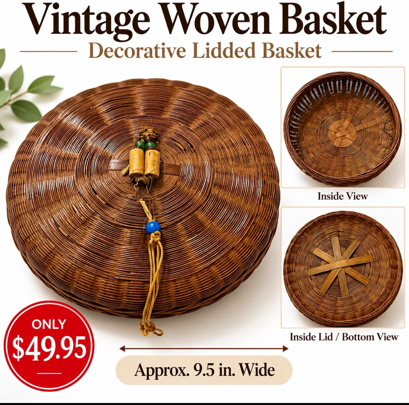 Vintage Round Woven Lidded Basket 9.5” Decorative Storage Asian Style Vintage Round Woven Lidded Basket 9.5” Decorative Storage Asian Style