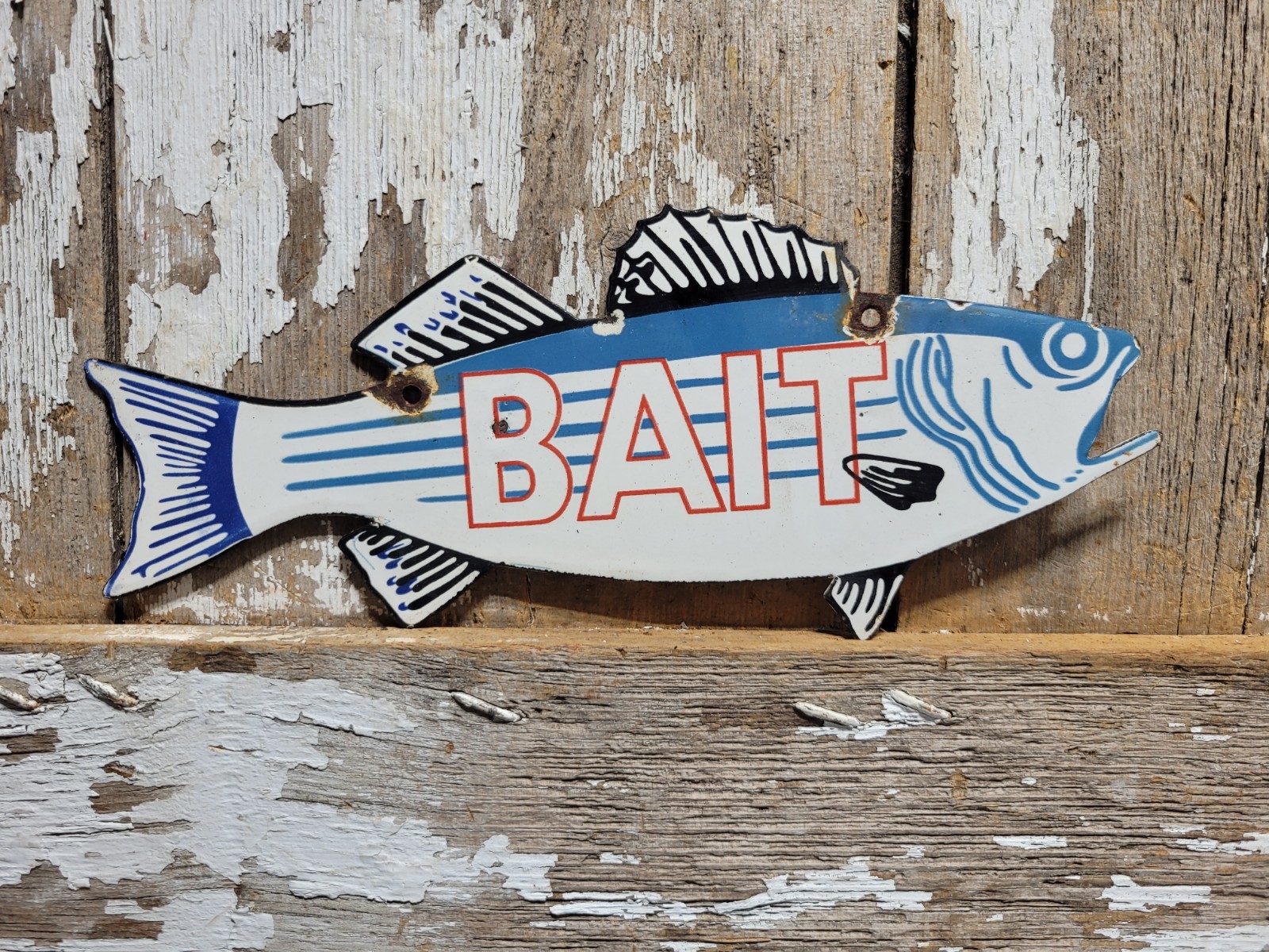 VINTAGE BAIT PORCELAIN SIGN OLD DIECUT FISH TACKLE SHOP FISHING STORE BASS SPORT VINTAGE BAIT PORCELAIN SIGN OLD DIECUT FISH TACKLE SHOP FISHING STORE BASS SPORT