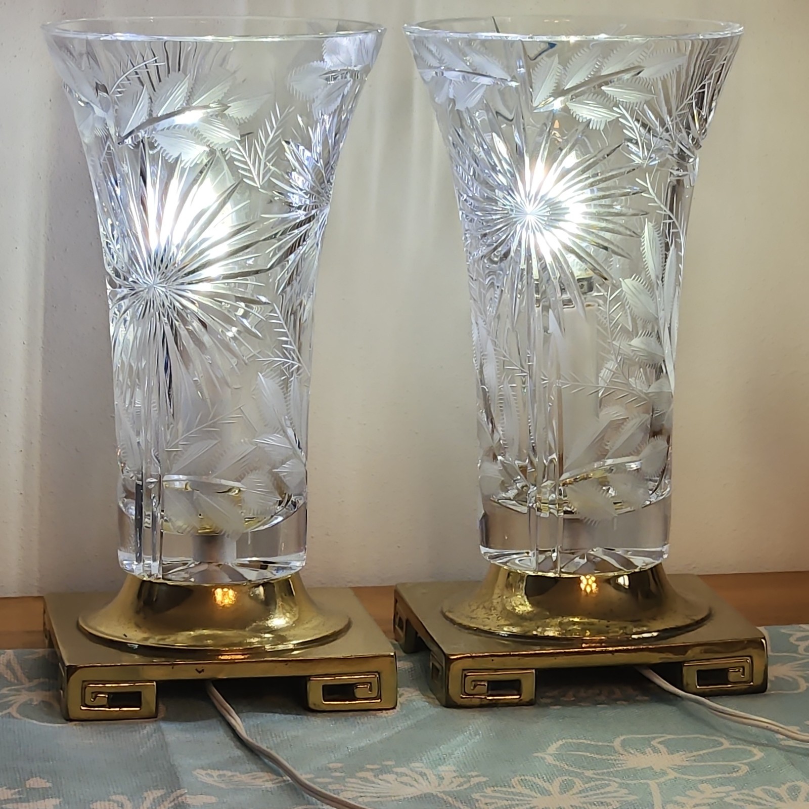 Pair Vintage Dresden Signed Cut Crystal Lamps Heavy Cast Brass Base Mid Century Pair Vintage Dresden Signed Cut Crystal Lamps Heavy Cast Brass Base Mid Century