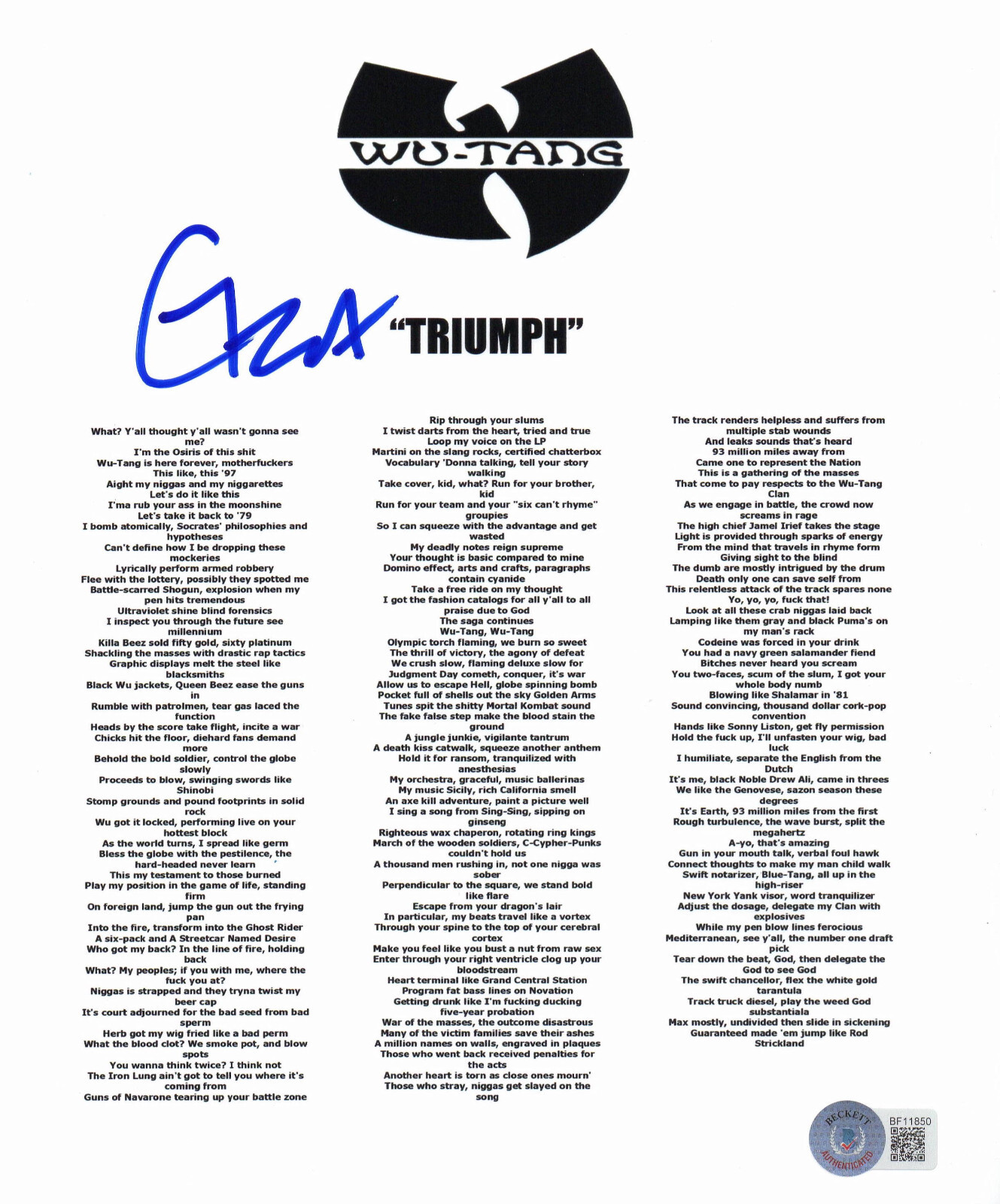 GZA SIGNED AUTOGRAPH WU TANG CLAN TRIUMPH 8.5 x 11 LYRIC SHEET BAS BECKETT COA GZA SIGNED AUTOGRAPH WU TANG CLAN TRIUMPH 8.5 x 11 LYRIC SHEET BAS BECKETT COA