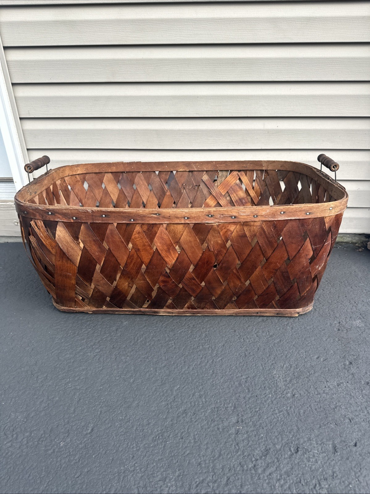 Antique Oversized Primitive Wood Slat Basket with Wooden Handles 30” X 20” X 12 Antique Oversized Primitive Wood Slat Basket with Wooden Handles 30” X 20” X 12
