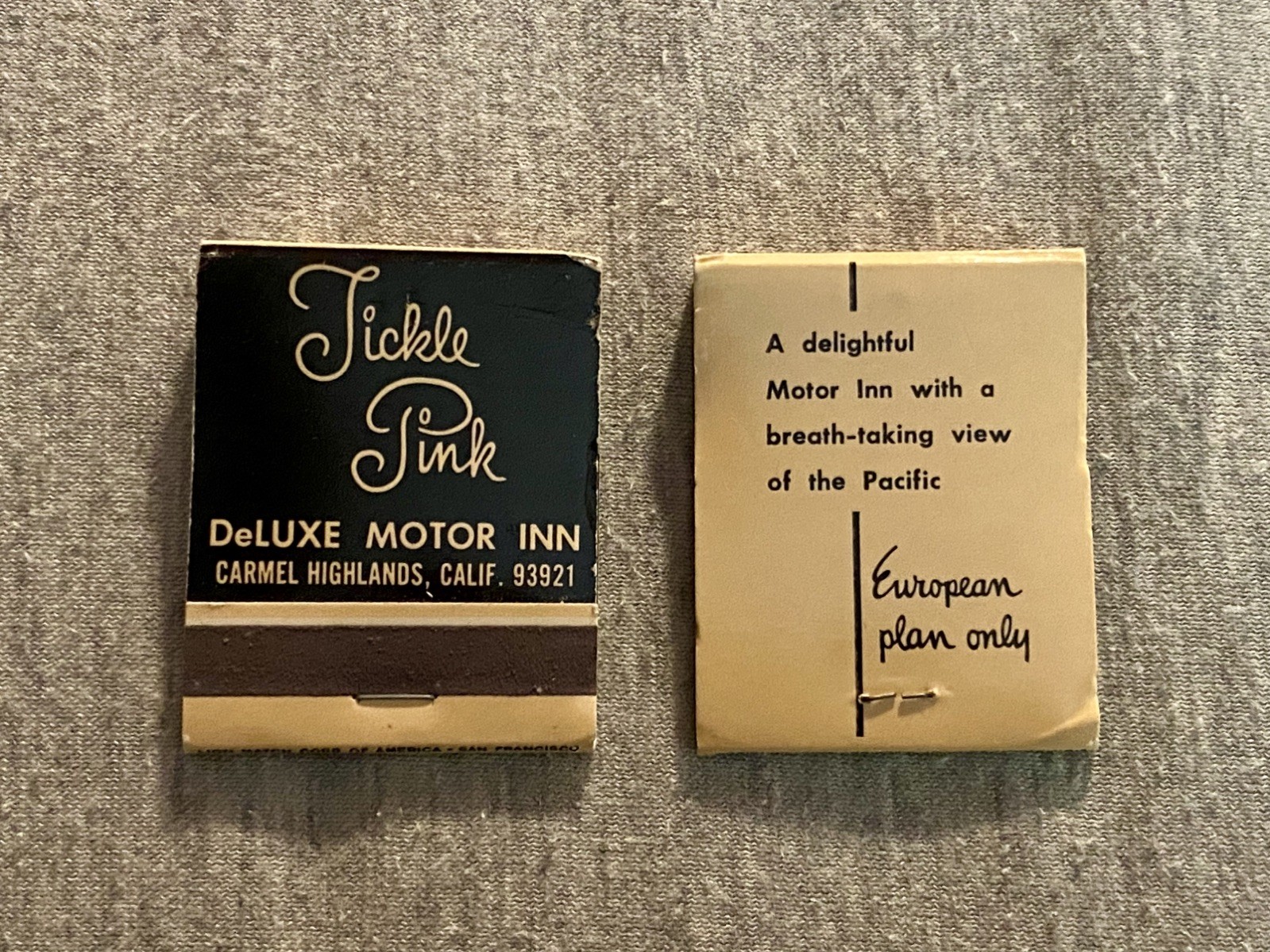 2 Vintage Tickle Pink Deluxe Motor Inn Matchbooks, Carmel California, unstruck 2 Vintage Tickle Pink Deluxe Motor Inn Matchbooks, Carmel California, unstruck
