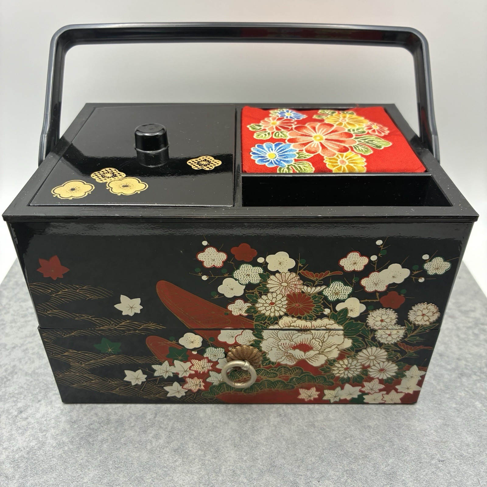 Vintage Japanese Sewing Box Black Floral Lacquer Style Haribako w/ Original Box Vintage Japanese Sewing Box Black Floral Lacquer Style Haribako w/ Original Box