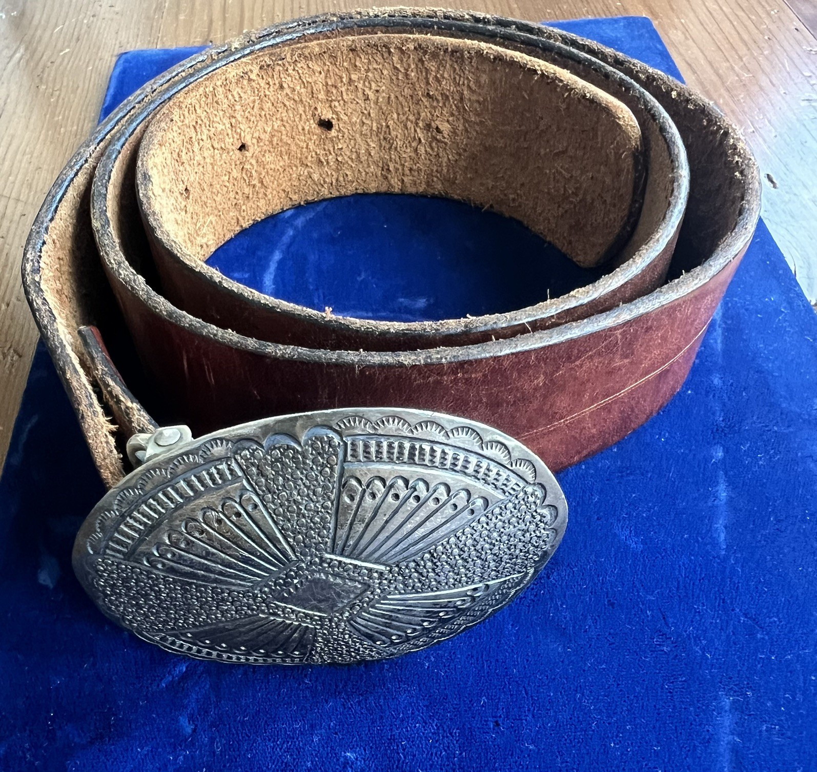 Vintage Sterling Silver Belt Buckle & belt. Signed J Blackgoat Navajo 3”x2.5” Vintage Sterling Silver Belt Buckle & belt. Signed J Blackgoat Navajo 3”x2.5”