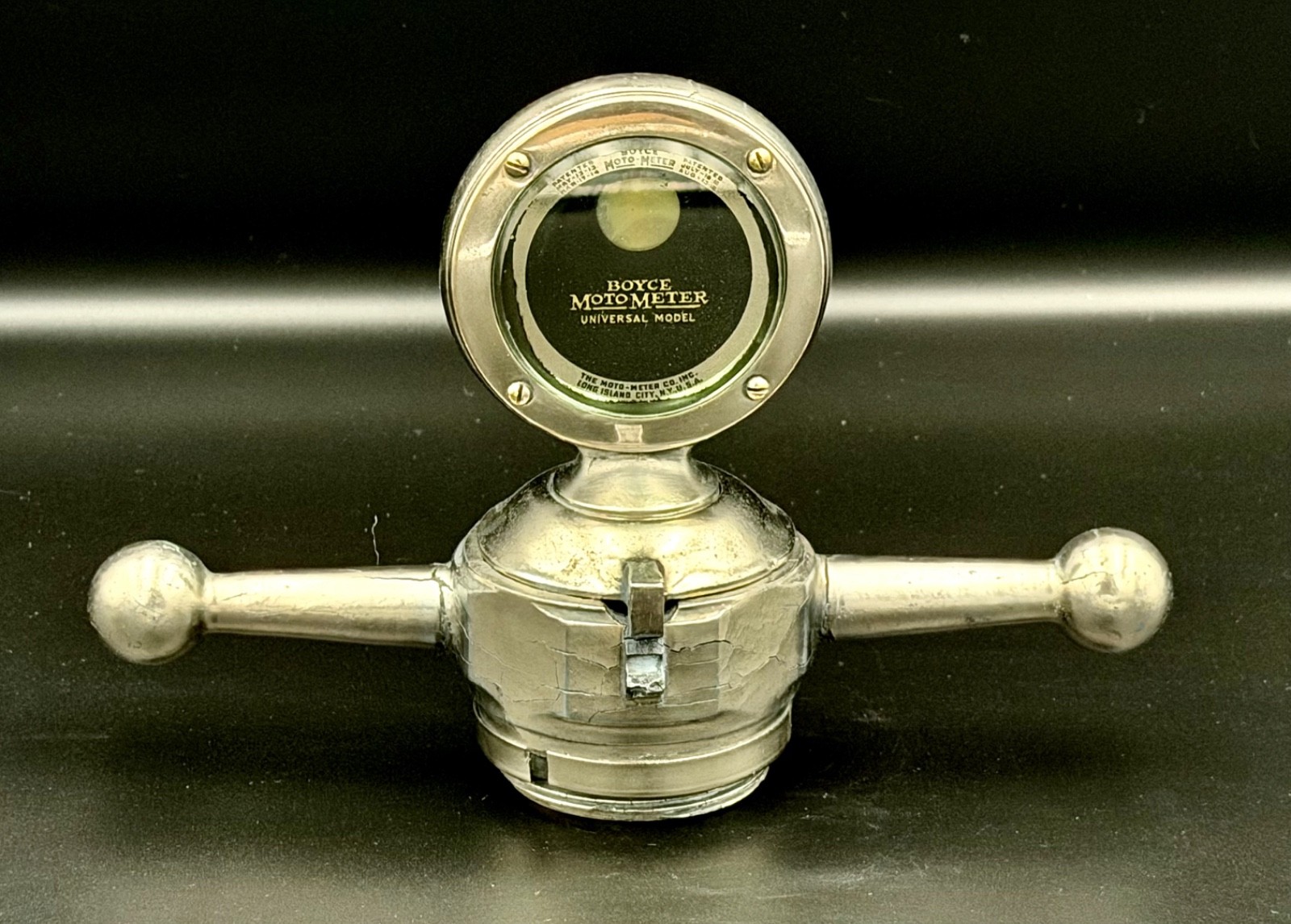 Vintage 1920s Boyce MotoMeter "Universal Model" on Chrome Dog Bone Flip-Top Radi