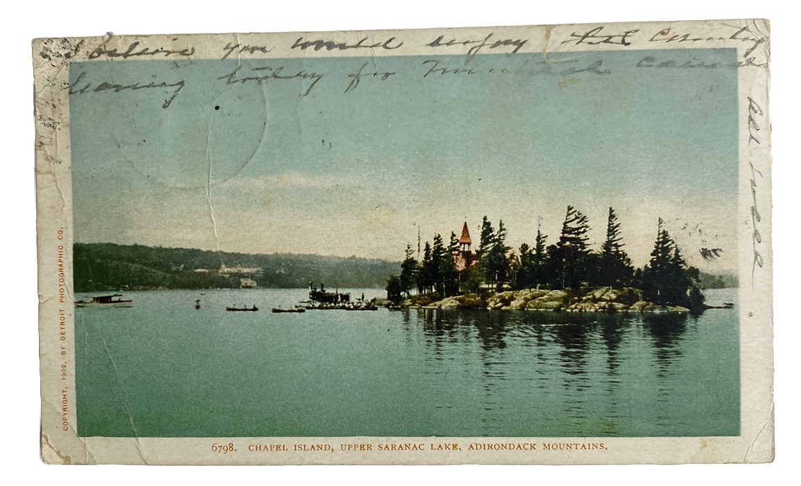 Chapel Island Upper Saranac Lake ~ Adirondack Mountains NY ~ Antique Postcard