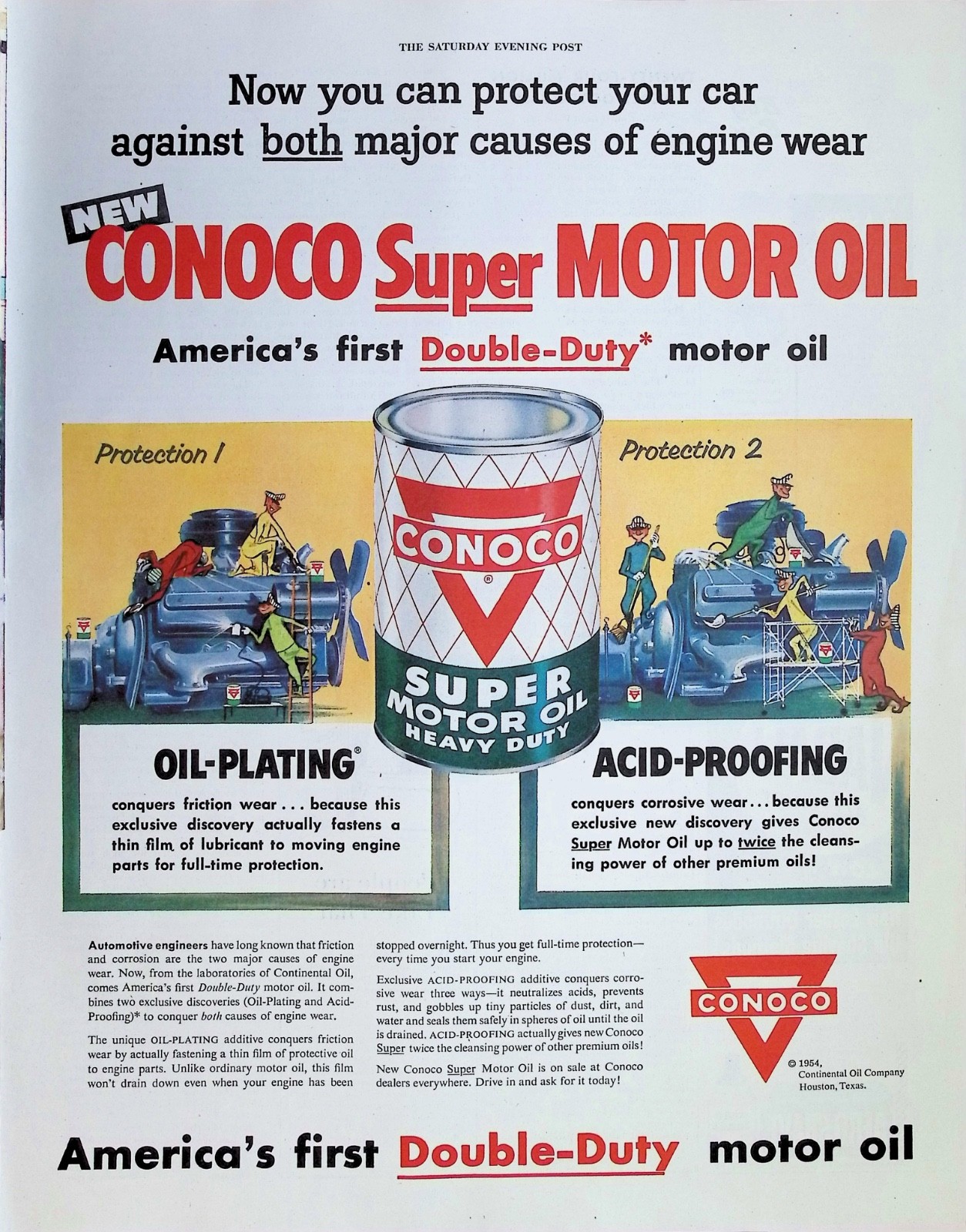 Original 1954 Conoco Ad: Super Motor Oil Tin Can Double Duty V8 Engine Graphic Original 1954 Conoco Ad: Super Motor Oil Tin Can Double Duty V8 Engine Graphic