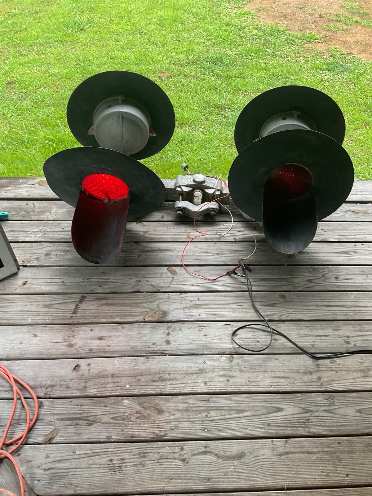 Vintage Railroad Crossing Signal Lights Pair Red Lenses Visors Hardware Vintage Railroad Crossing Signal Lights Pair Red Lenses Visors Hardware
