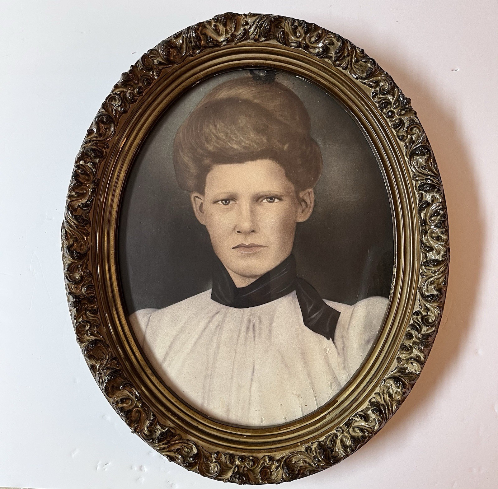 Antique c1900 Hand Colored Crayon Portrait Woman Ornate Oval Frame Antique c1900 Hand Colored Crayon Portrait Woman Ornate Oval Frame