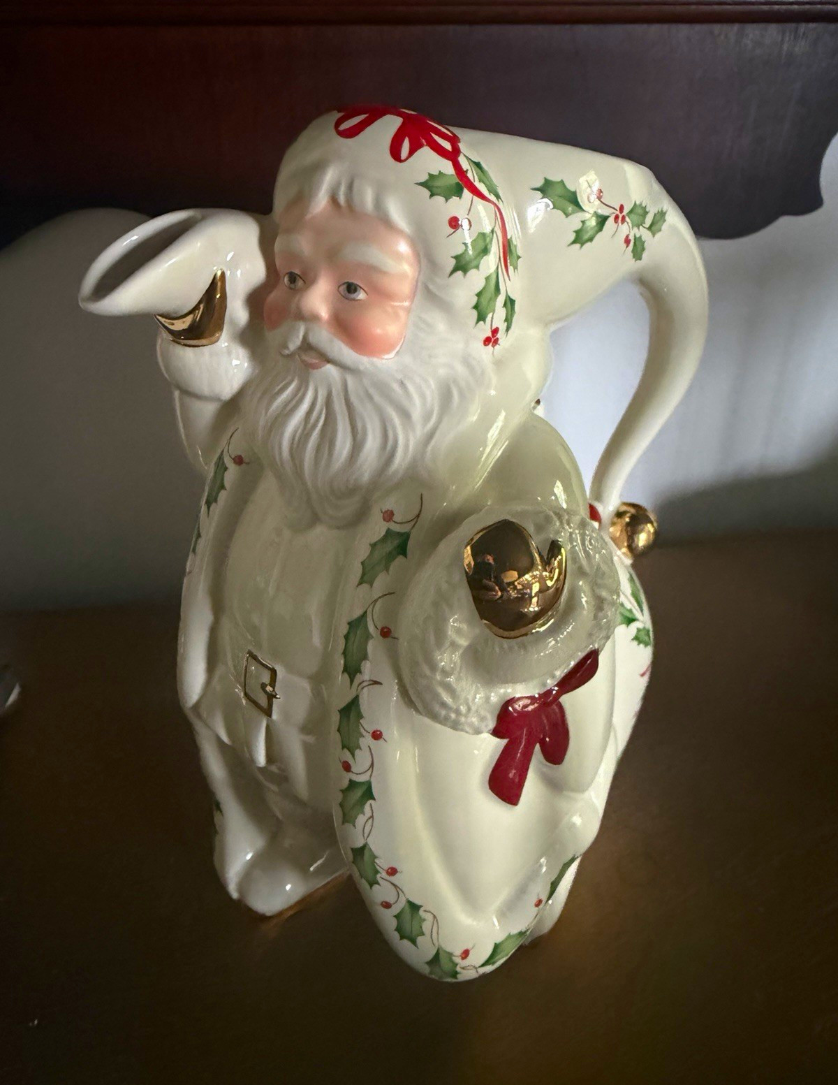 Rare Lenox Holiday Santa Pitcher Ceramic Glazed Holly Pattern Christmas Colors
