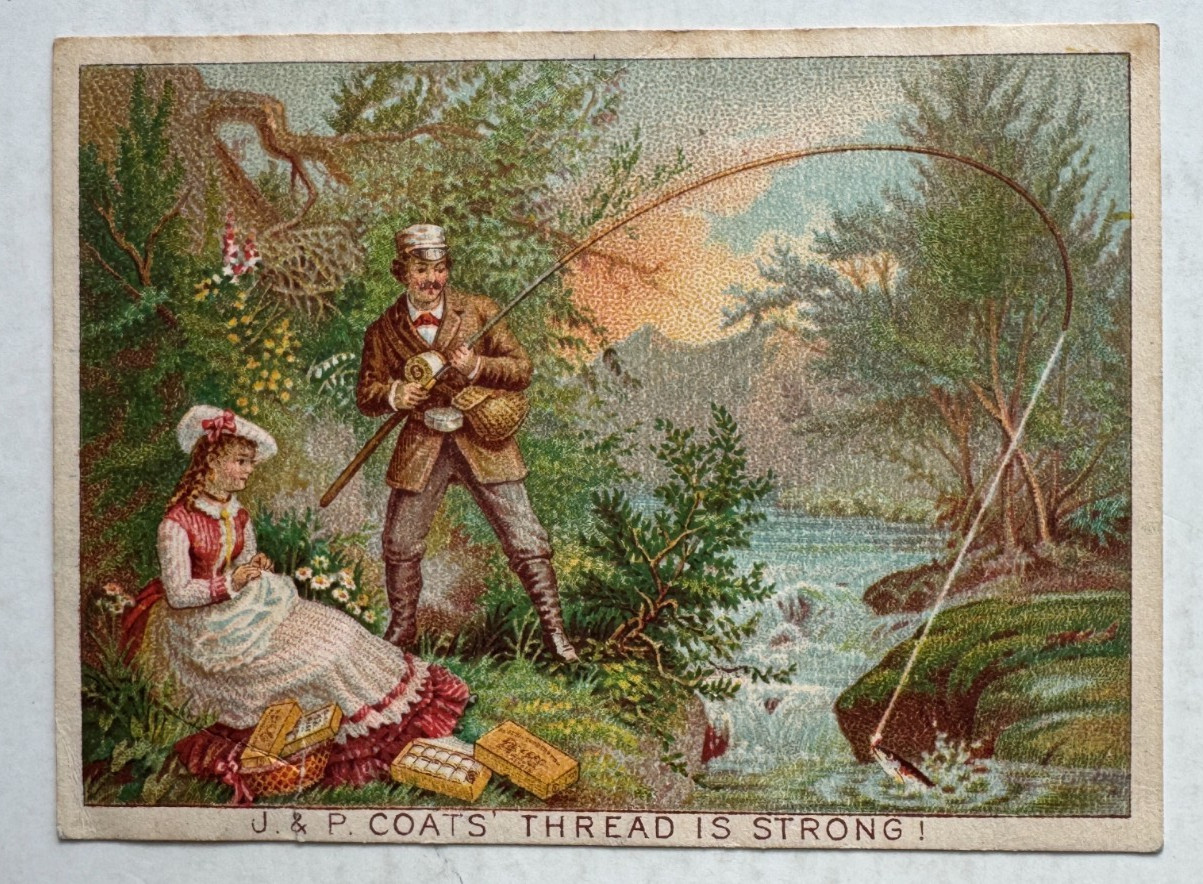 Vintage 1880 Victorian Trade Card Calendar J&P Coats Thread Man Woman Fishing Vintage 1880 Victorian Trade Card Calendar J&P Coats Thread Man Woman Fishing