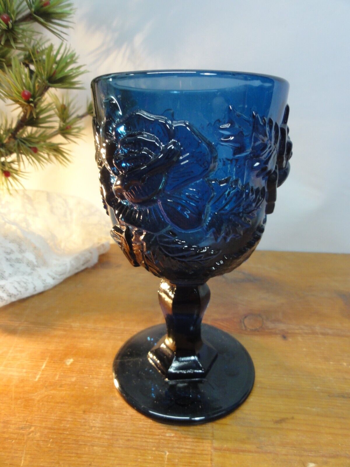 LG Wright Fenton Madonna Inn Wild Rose BLUE Glass Goblet 9oz