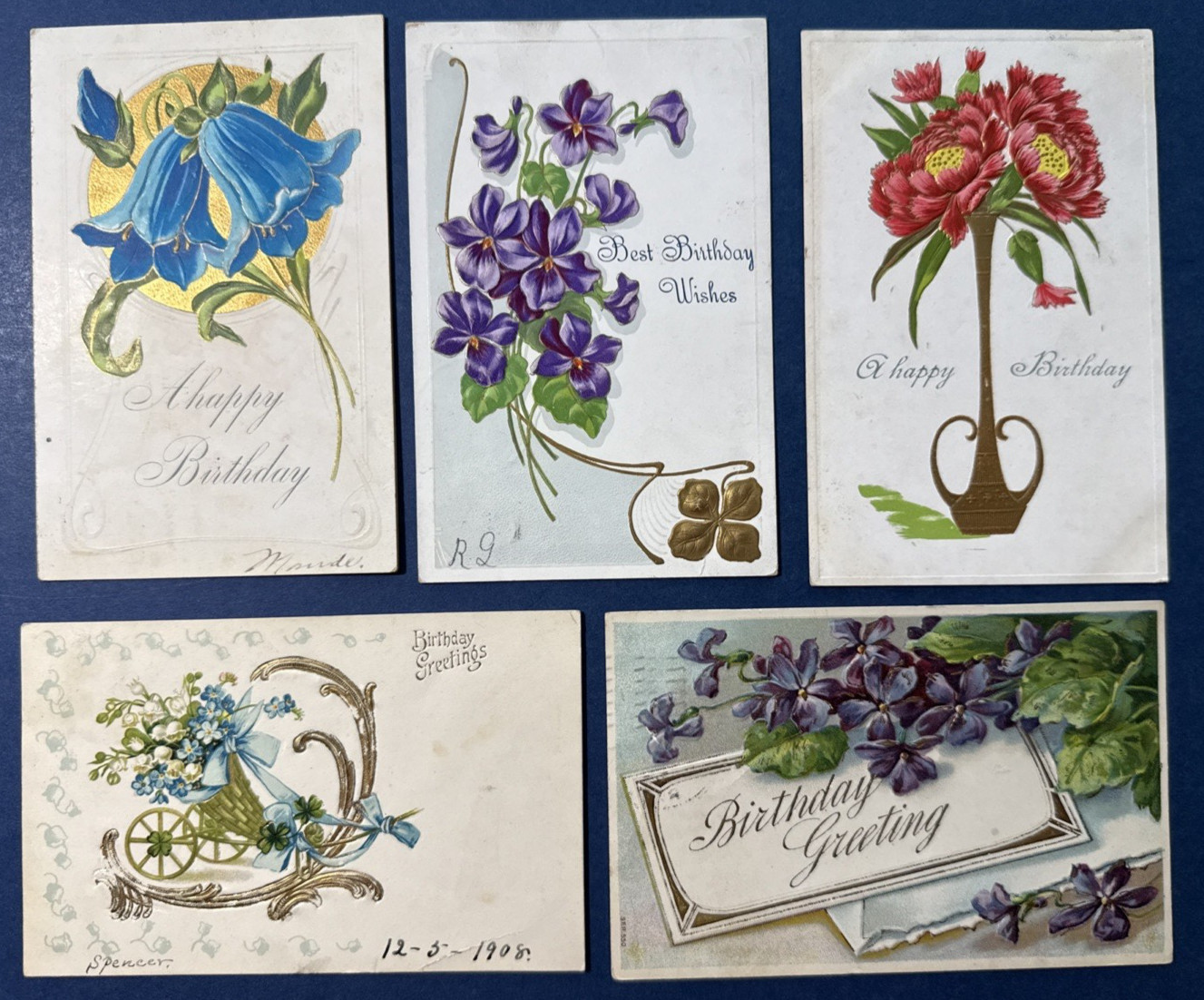 5 Birthday Antique Postcards.EMB, STRONG GOLD Trim. Flowers, Baskets, Vase